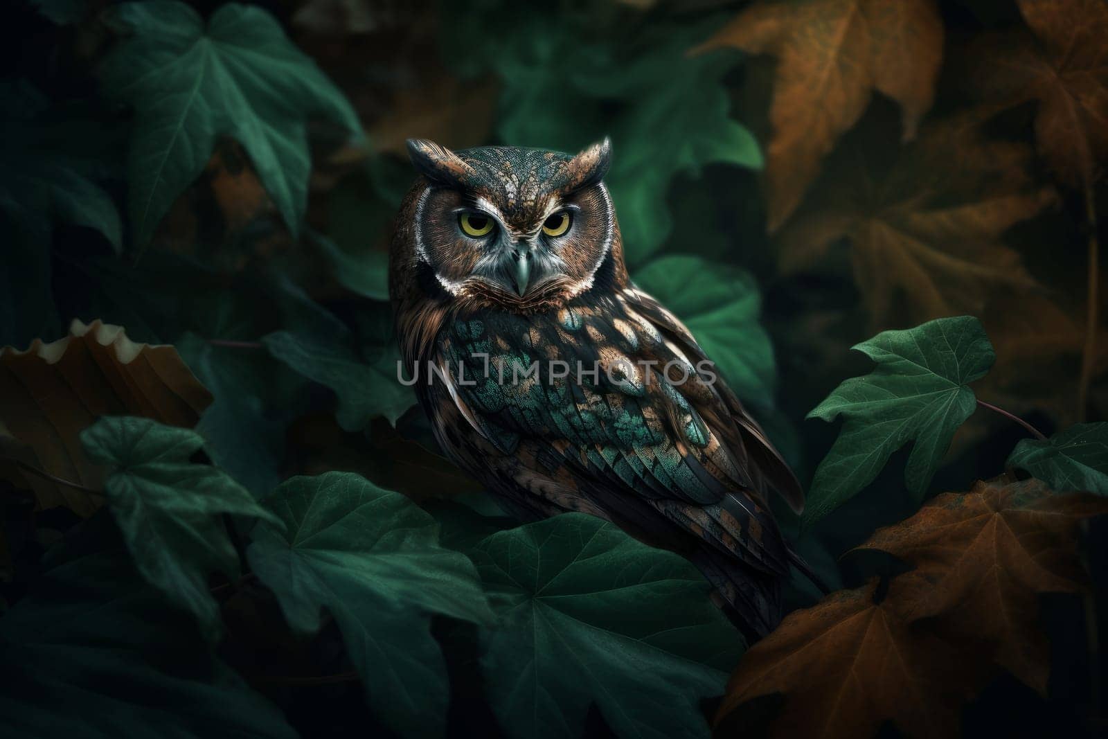 Owl leaves forest nature. Generate Ai by ylivdesign