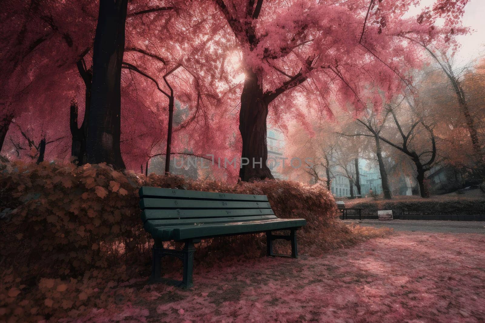 Park pink trees bench. Road color season. Generate Ai