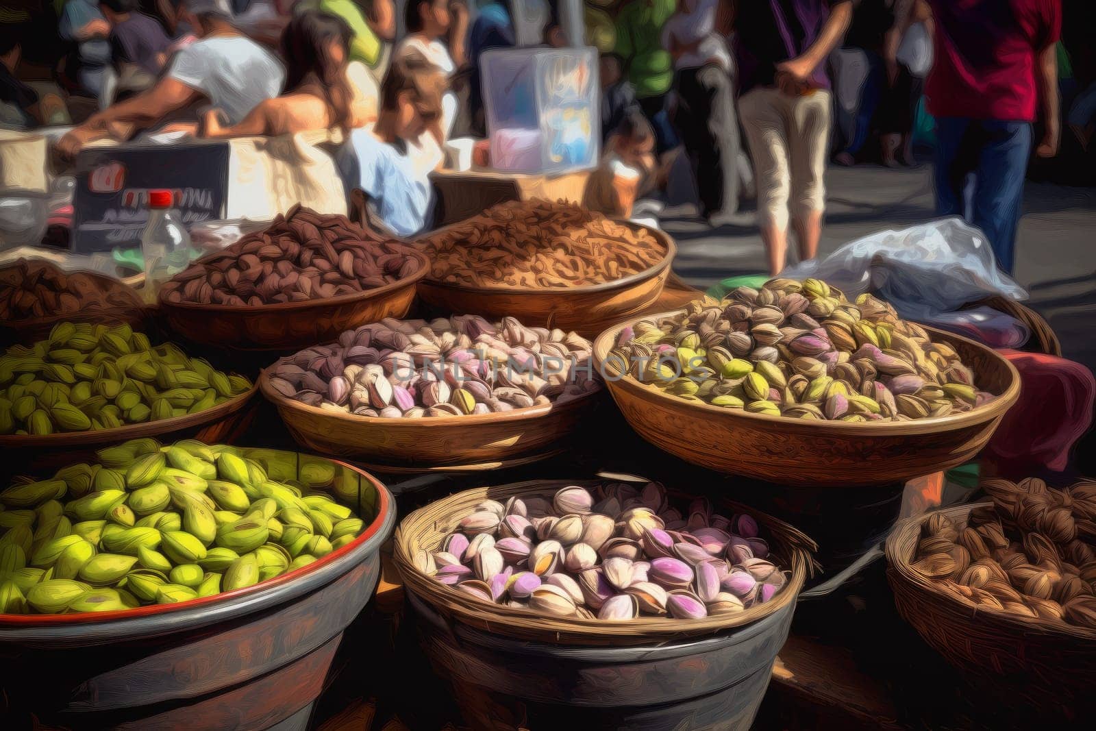 Pistachio nuts market place. Generate Ai by ylivdesign