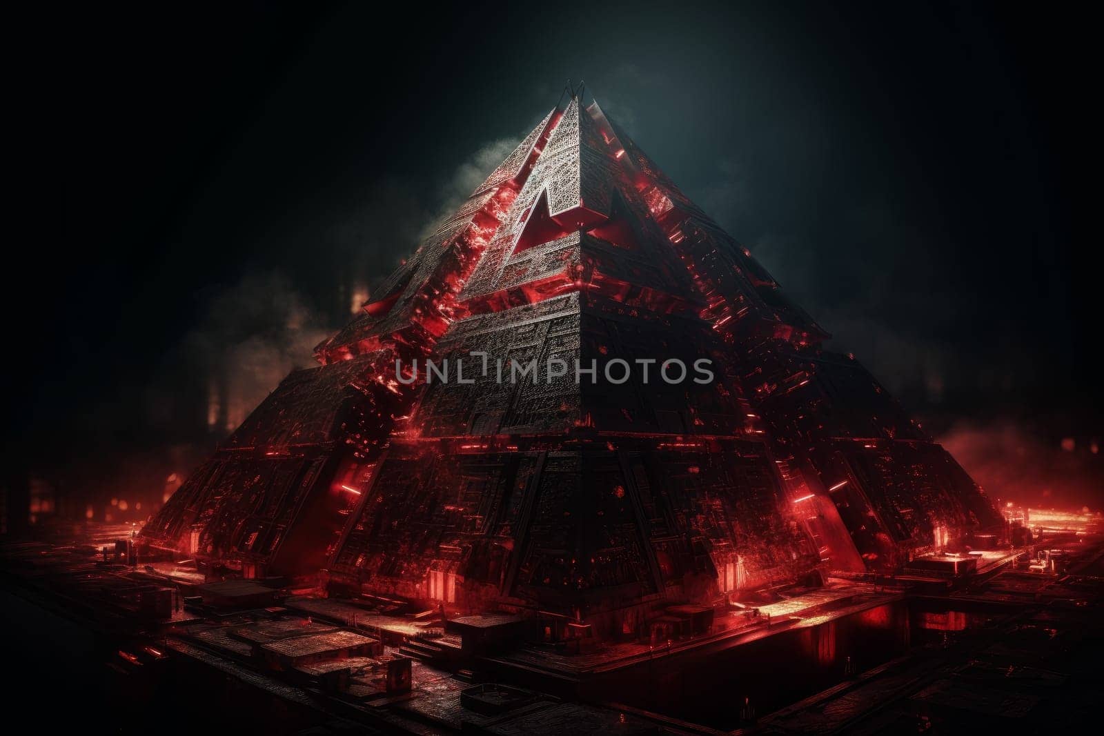 Cyber pyramid red fire. Element glow. Generate Ai