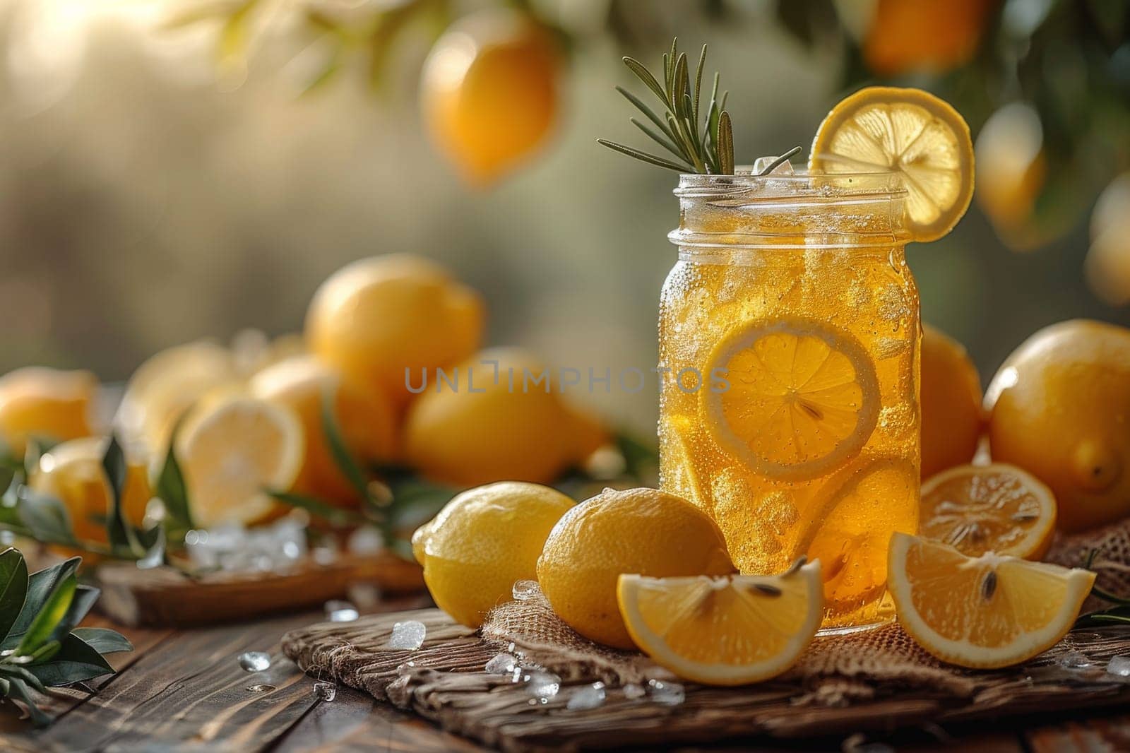 A mason jar filled with sparkling homemade lemonade, garnished with fresh lemon slices and rosemary, amidst whole and sliced lemons. Generative AI by itchaznong