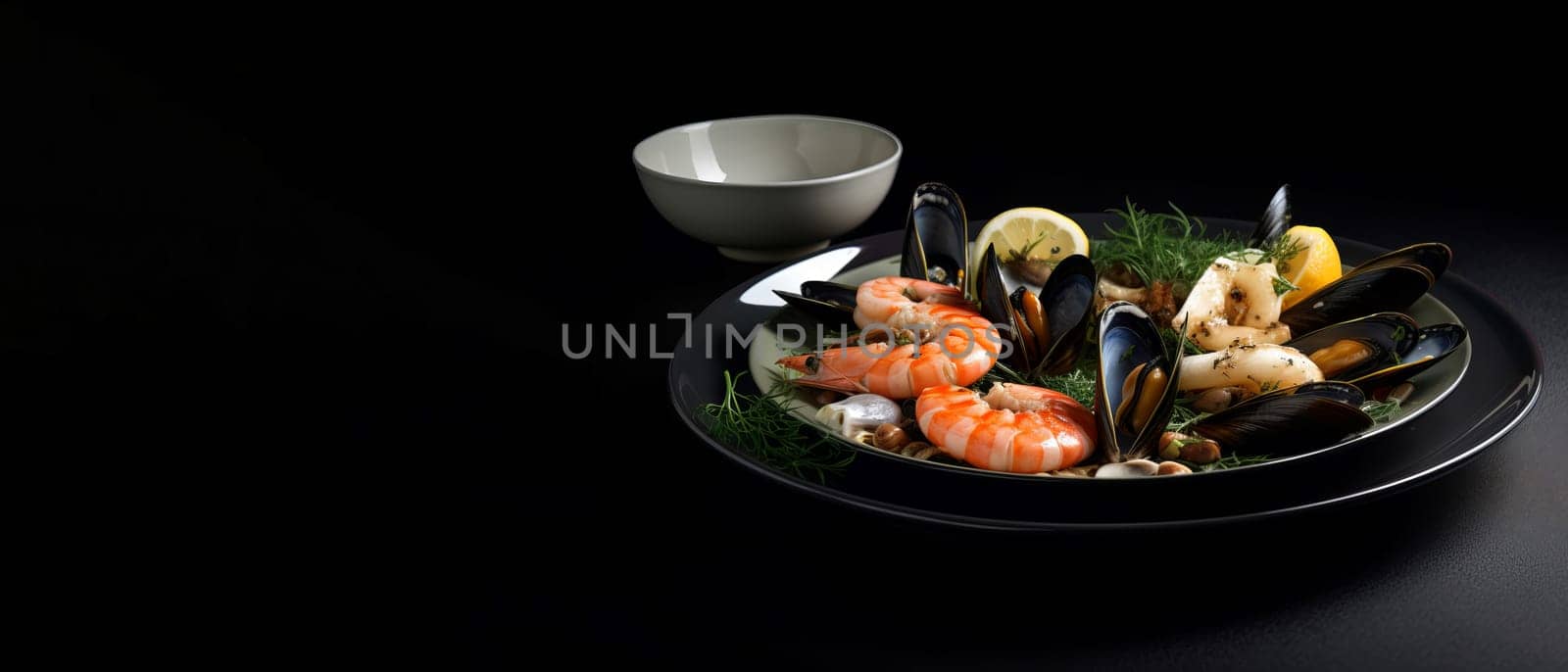 Seafood cuisine plate banner. Generate Ai by ylivdesign
