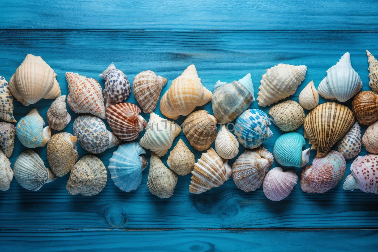 Sea coral shells blue wooden. Generate Ai by ylivdesign