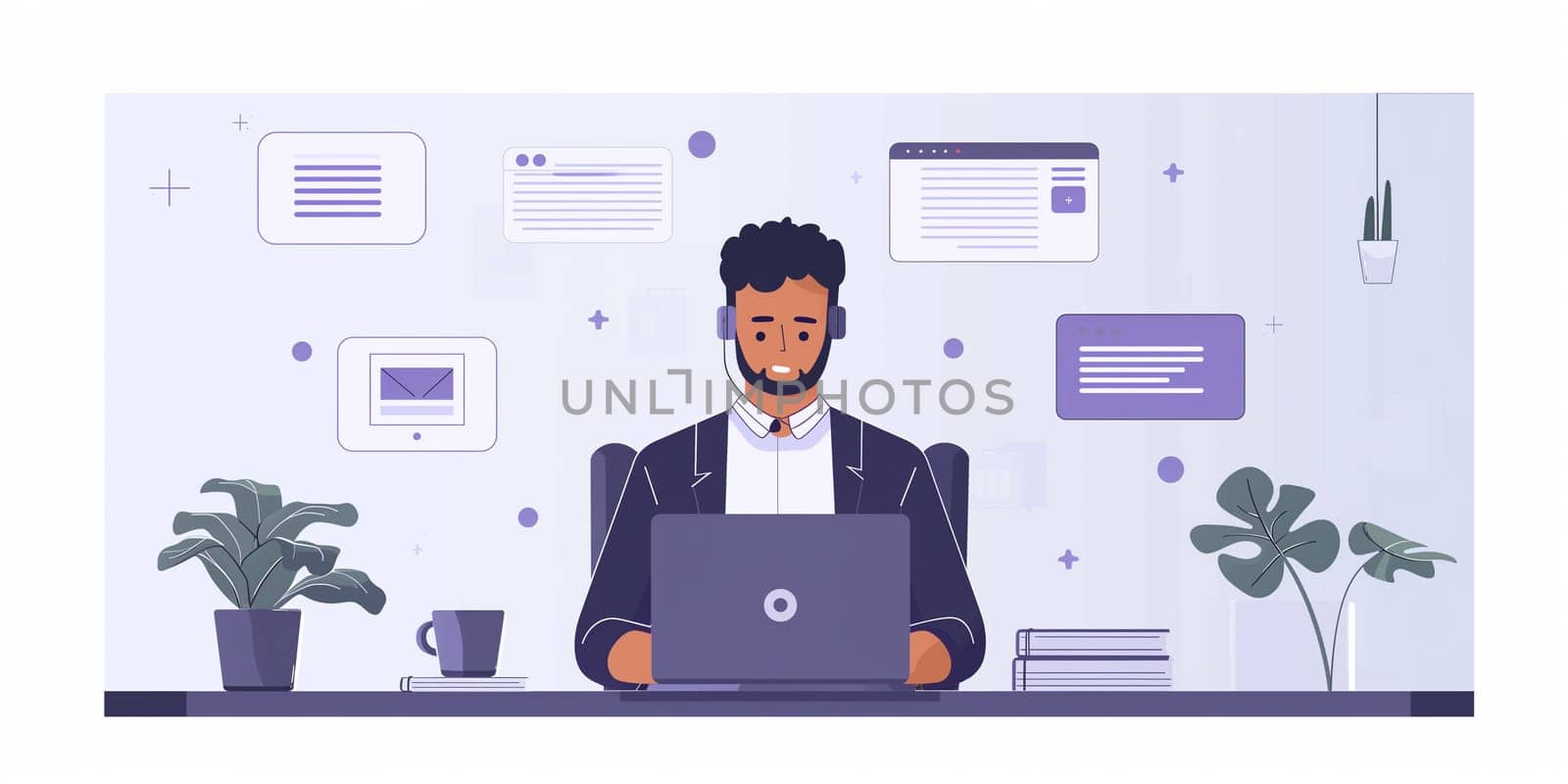 Software developer . Computer programmer flat character on cartoon background. Learning coding. Colourful editable scene for mobile, website, presentation. High quality photo