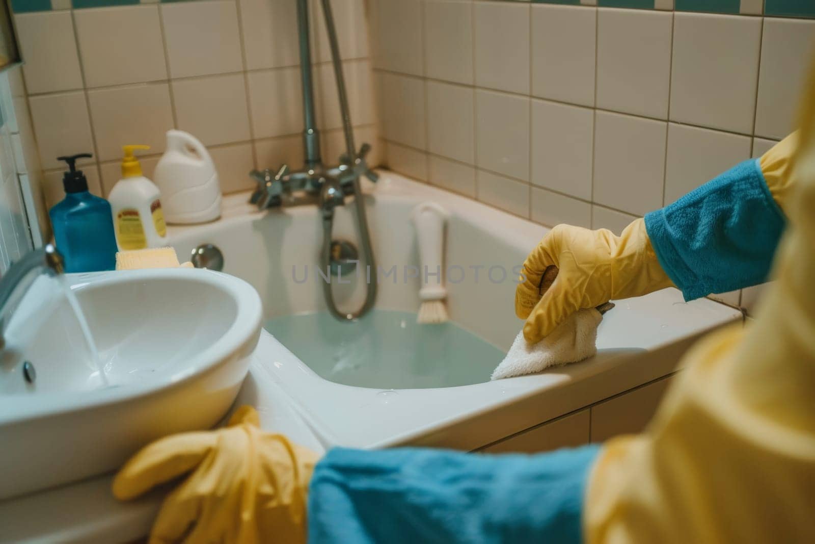 A person is cleaning a bathtub with a yellow glove on. The person is wearing a blue shirt and yellow gloves