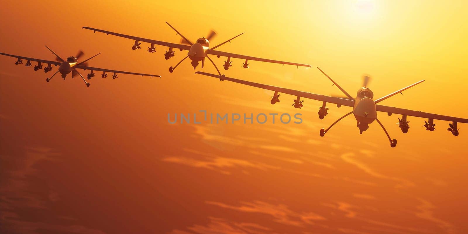 Unmanned military drone patrols the territory at sunset, view is straight ahead. High quality photo