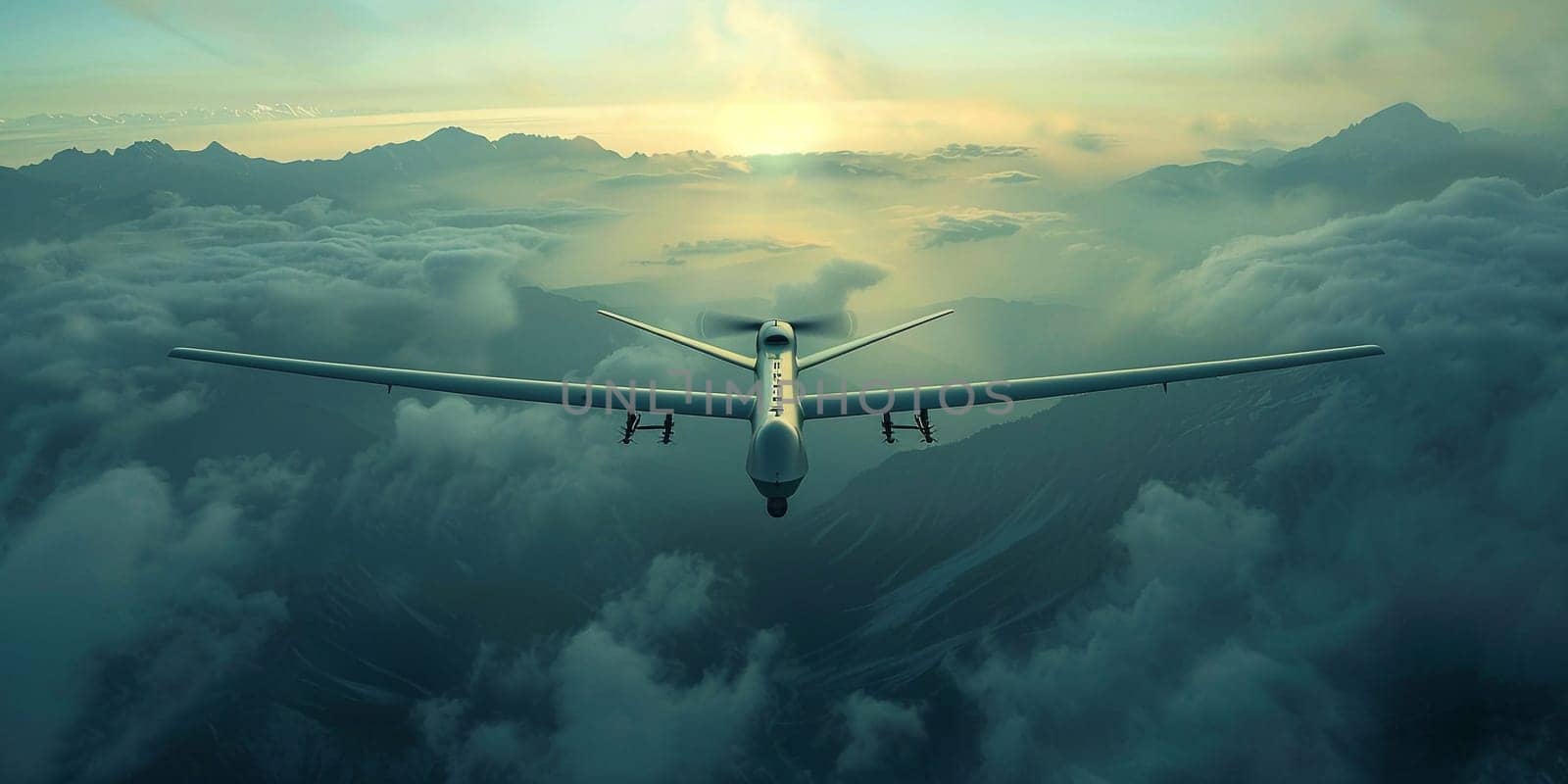 A 3d rendering of a military UAV flying over a desert.