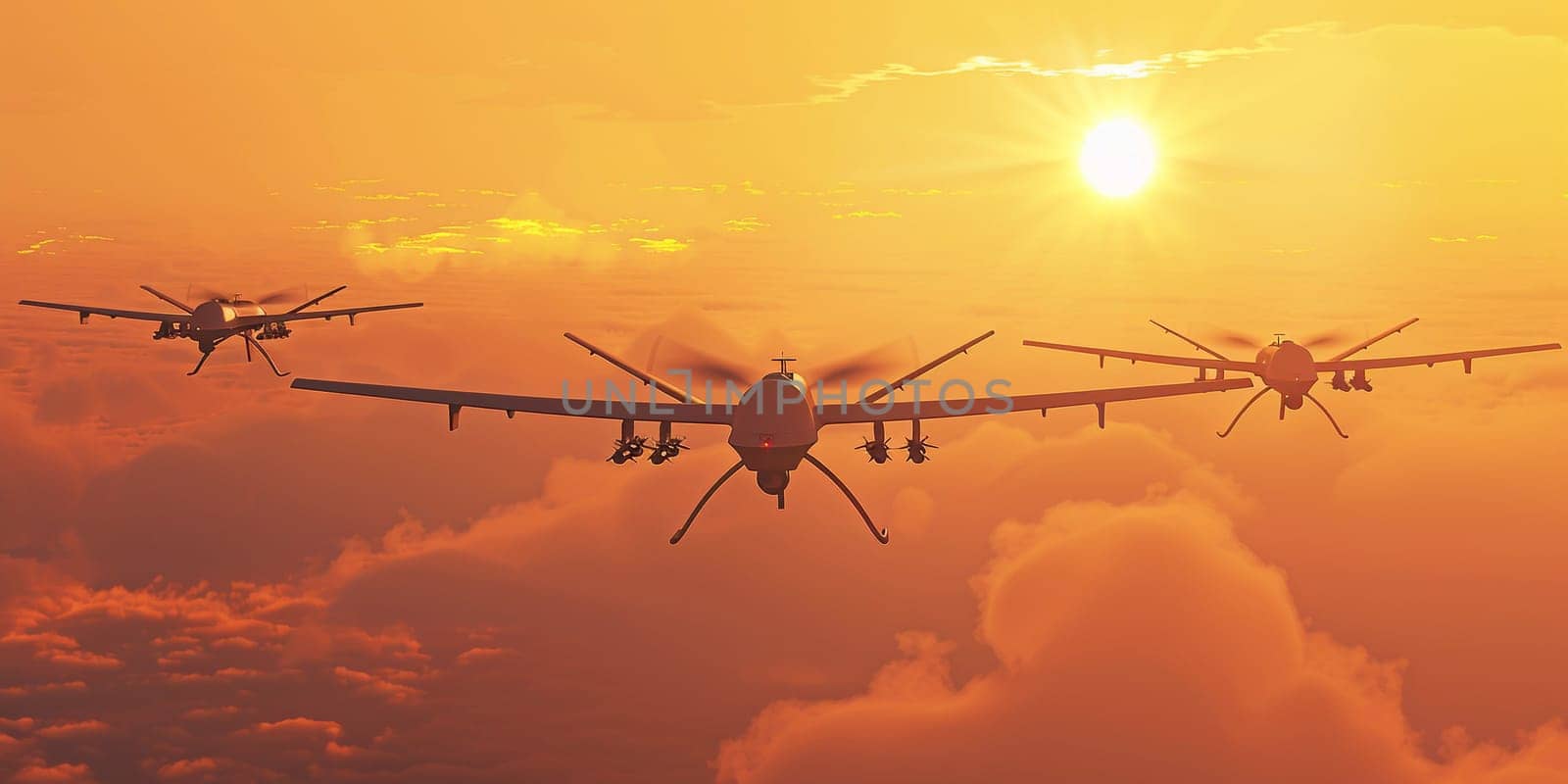 Unmanned military drone patrols the territory at sunset, view is straight ahead. High quality photo