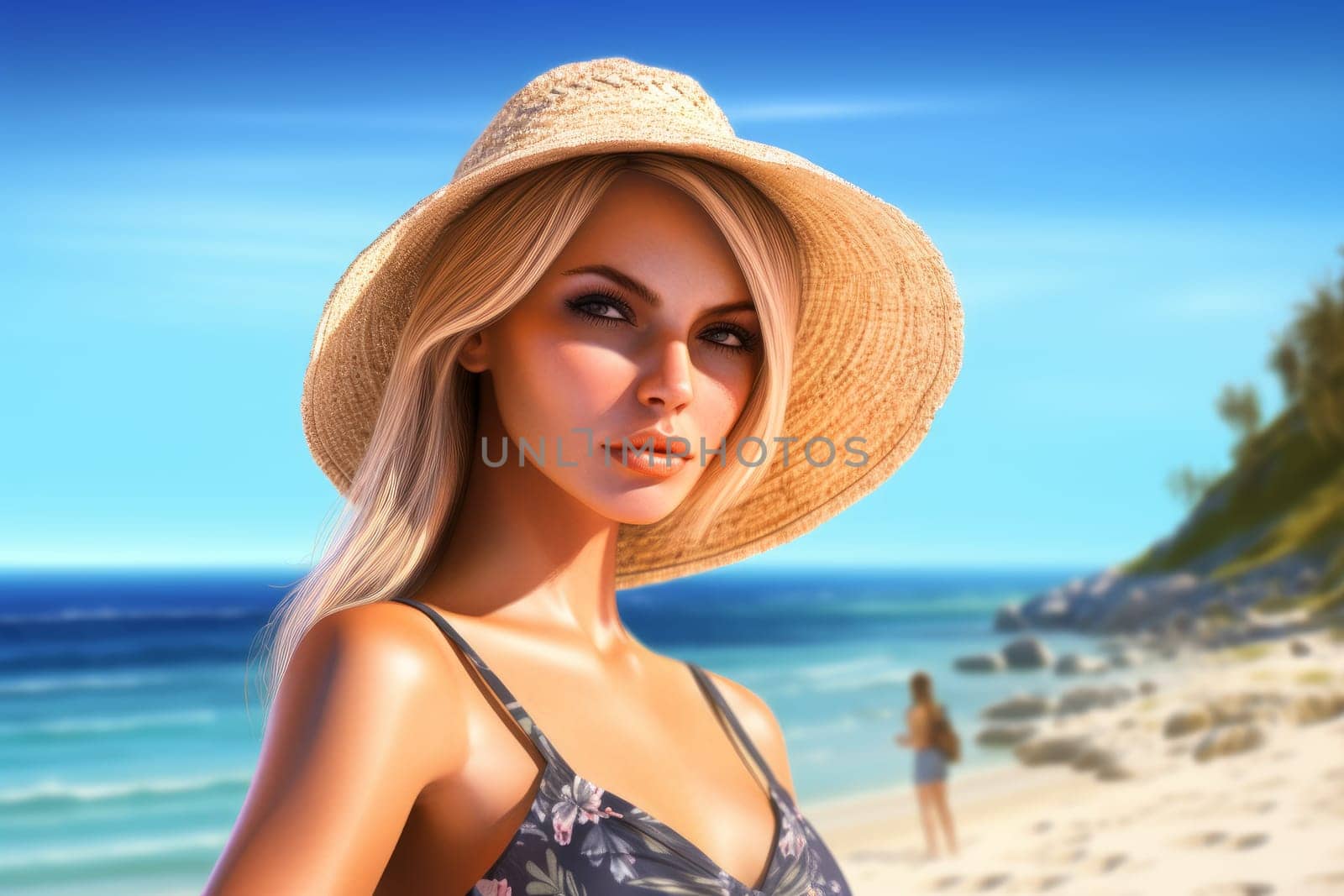 Woman beach. Tropical female smile. Fictional person. Generate Ai