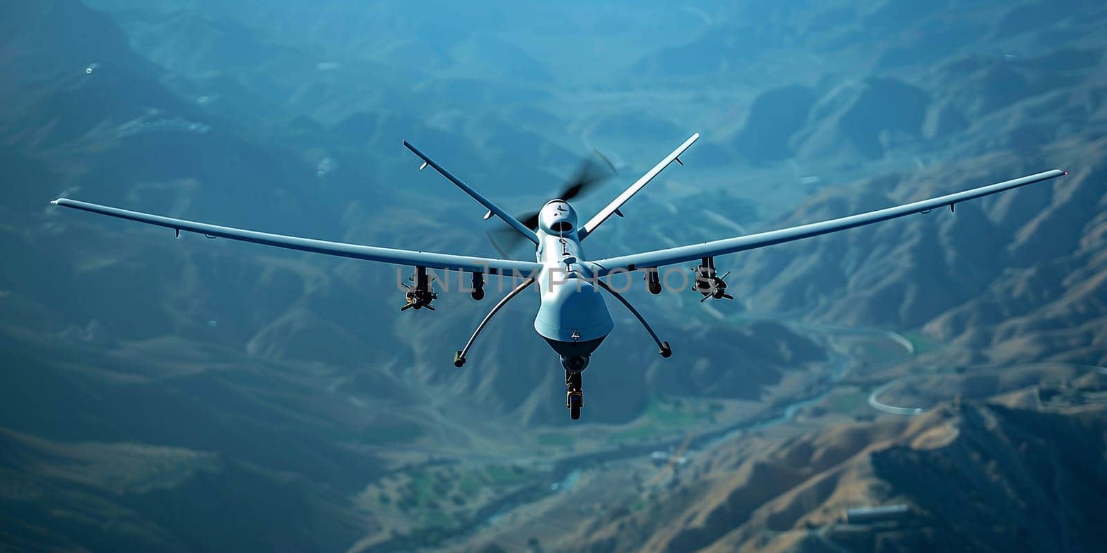 A 3d rendering of a military UAV flying over a desert.