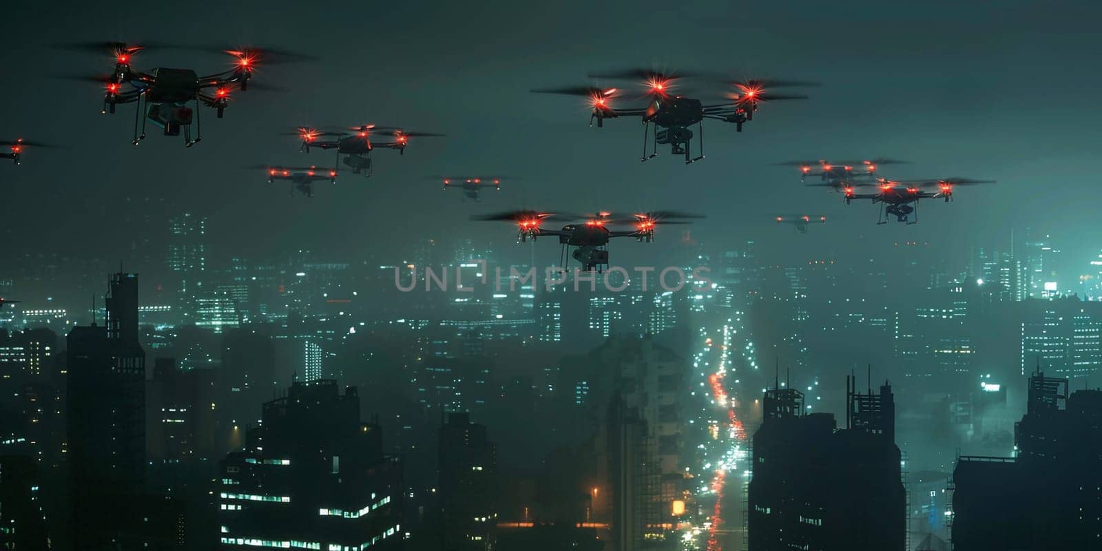 Drones battle over the city at night time. High quality photo