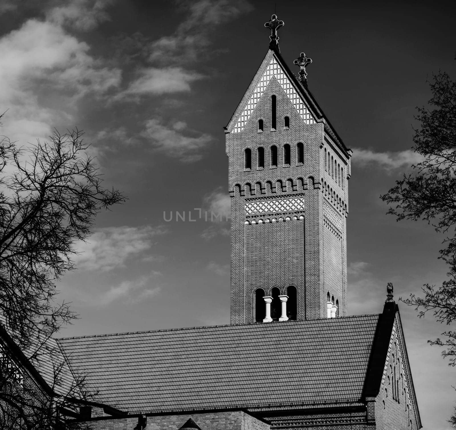 Church Of Saints Simon and Helen at independence Square in Minsk, Belarus. Black and white image