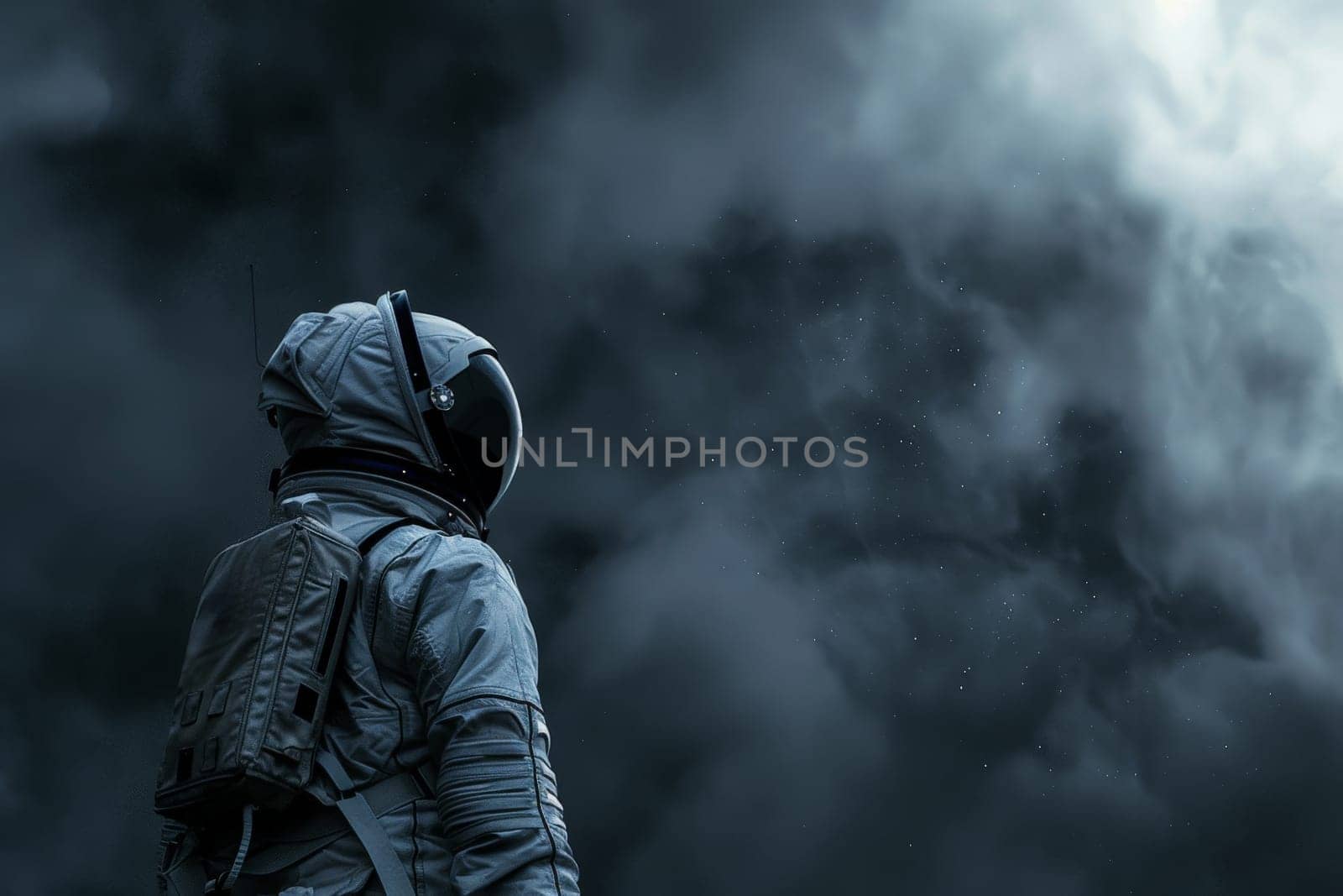 A man in a space suit is standing in front of a dark sky with clouds by nateemee