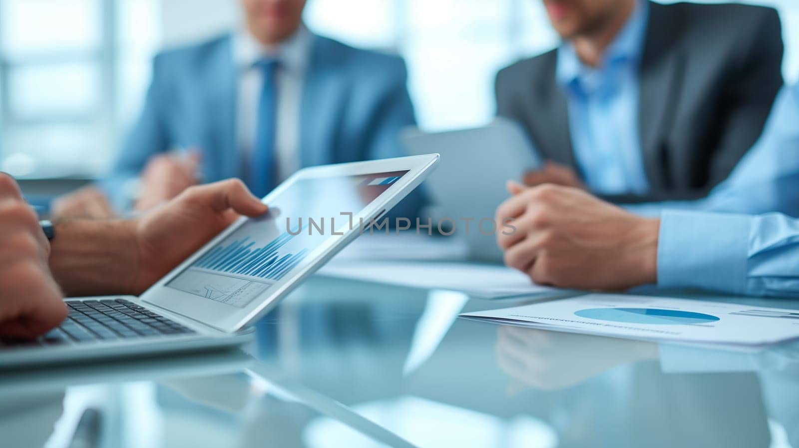 Young business teamwork or business partners discussing documents and meeting at the modern office desk. Innovation Graphs Interfaces. Workplace strategy concept. Stock market team. High quality photo