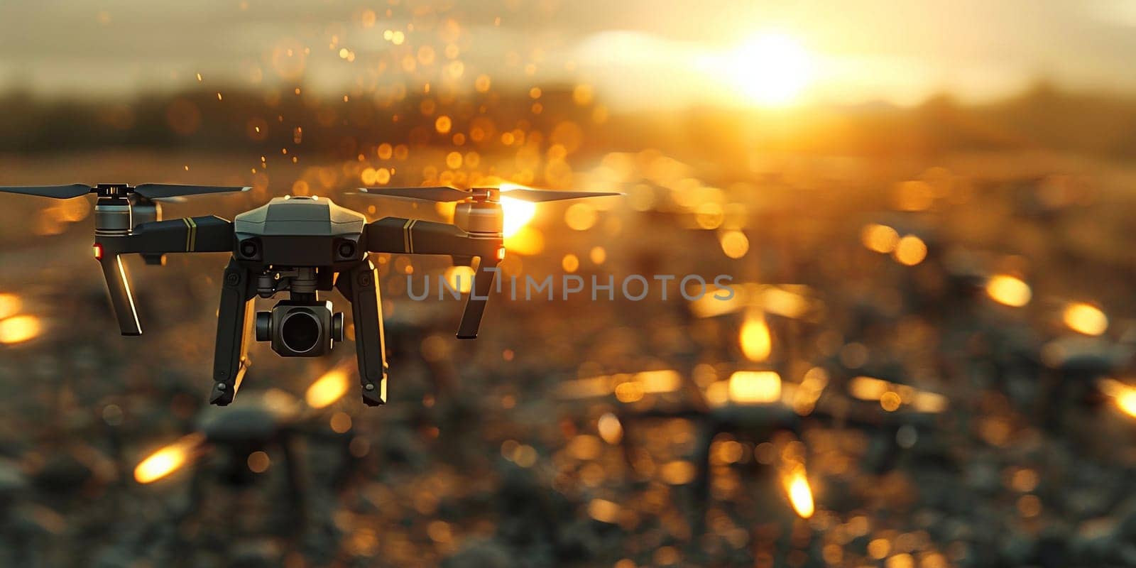 Drones battle over the city at night time. High quality photo