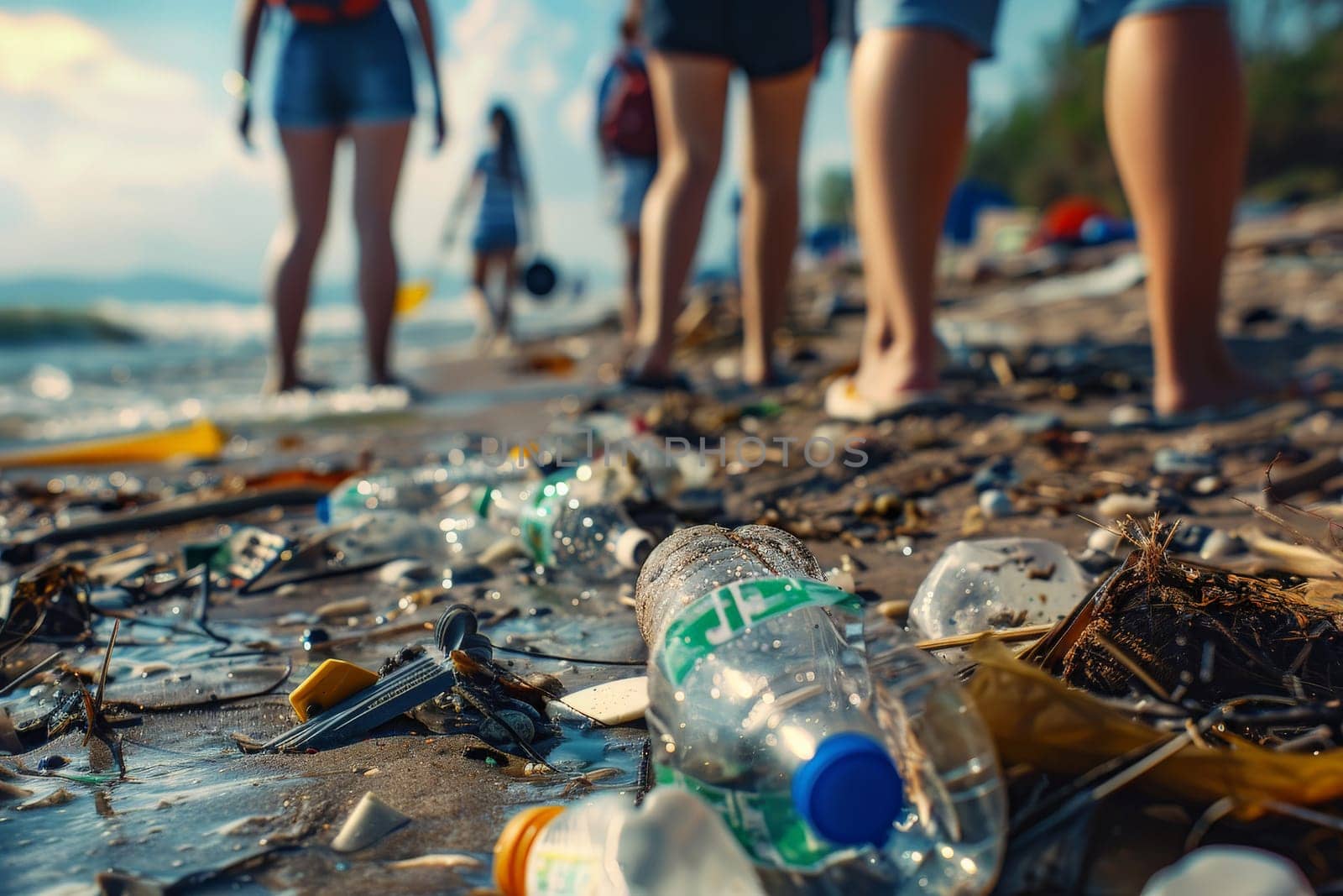A beach is littered with trash, including a bottle with a blue cap. The scene is a reminder of the importance of proper waste disposal and the impact of pollution on the environment