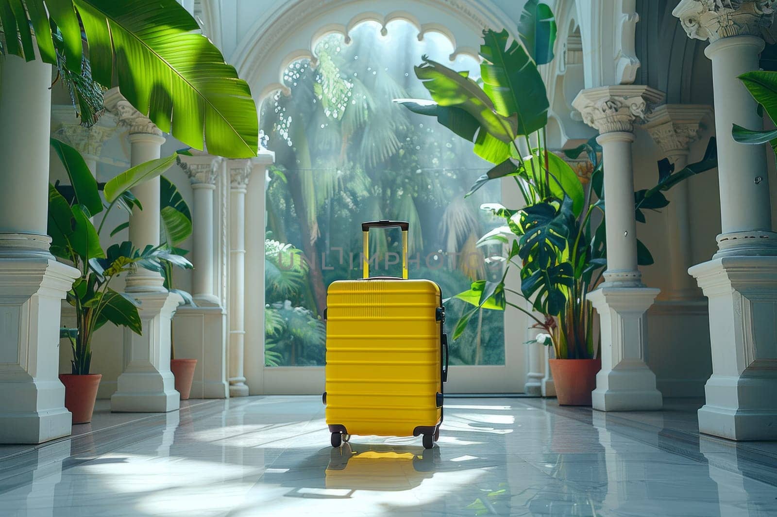 Luxury baggage at hotel. travel concept. Generative AI.