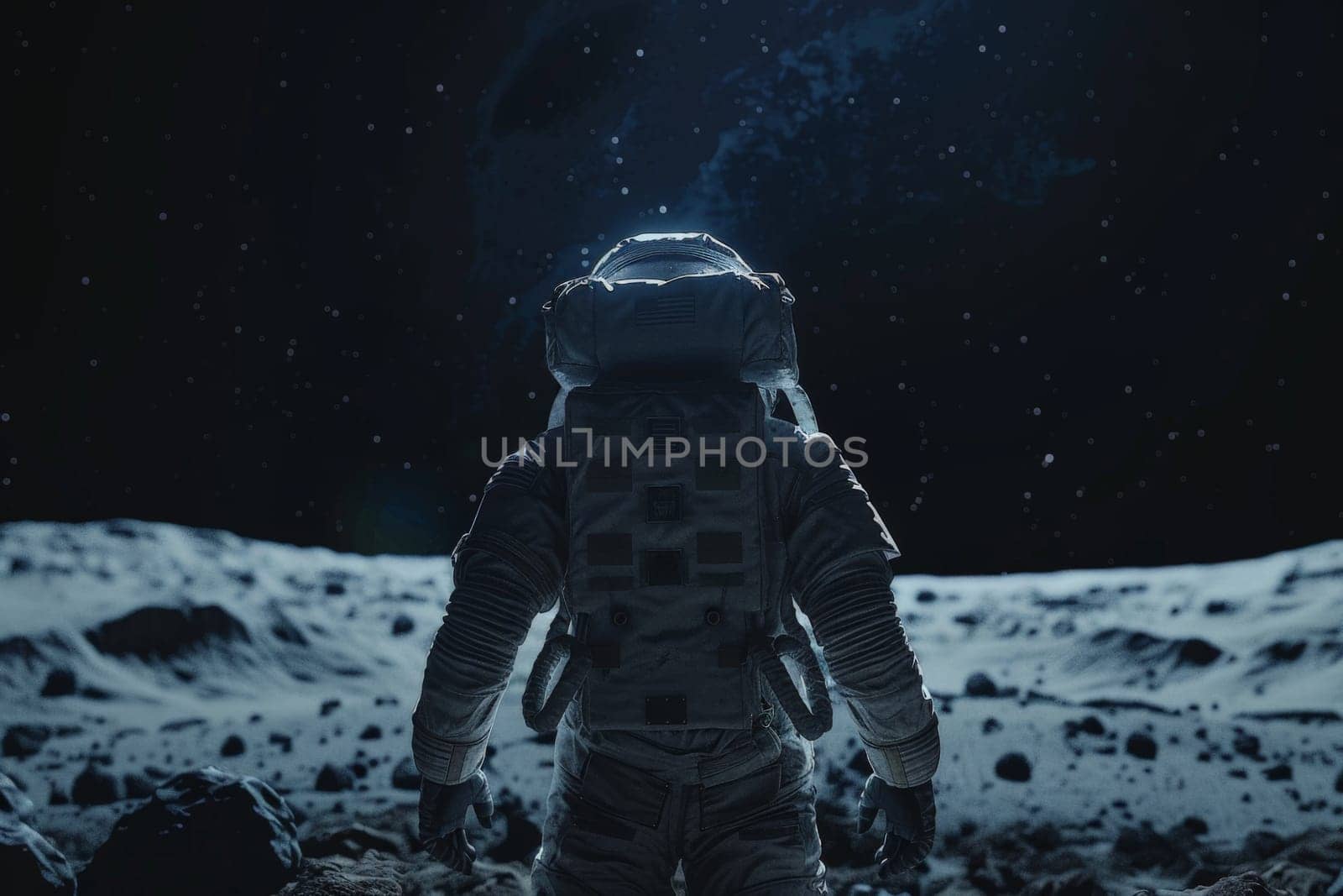 A man in a spacesuit stands on a rocky surface in the dark. Concept of isolation and adventure, as the astronaut is alone in the vastness of space. The contrast between the man's bright suit