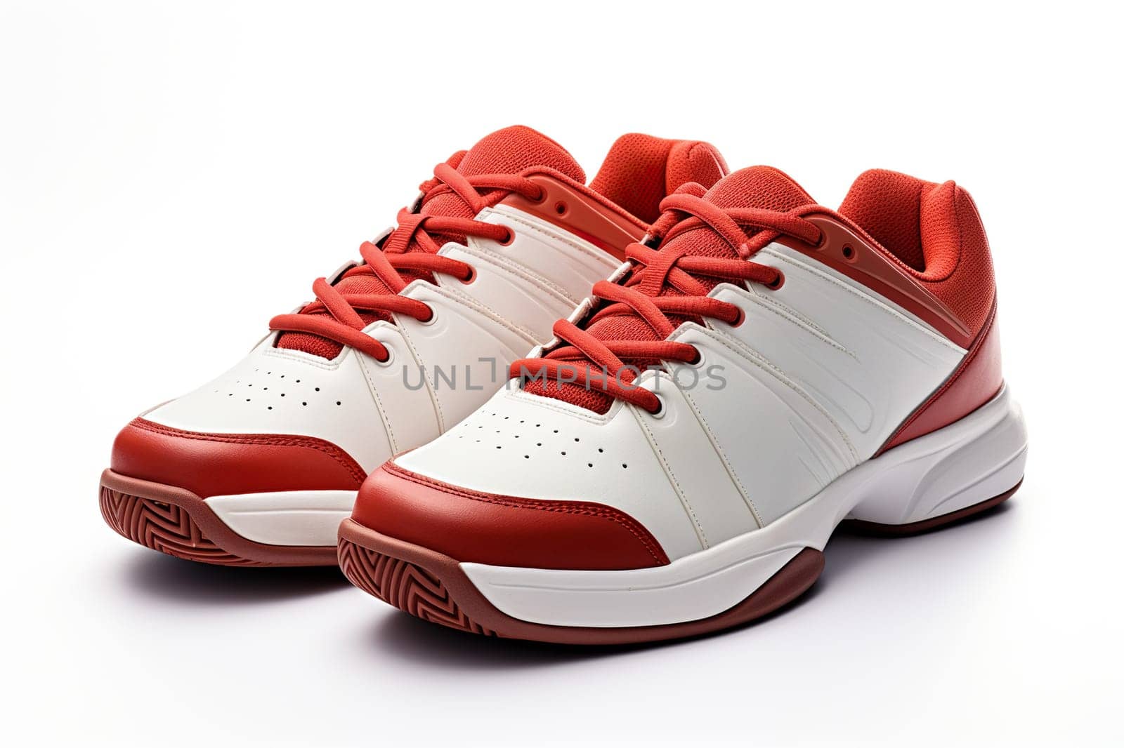 A pair of sports tennis shoes in red and white on a white background.