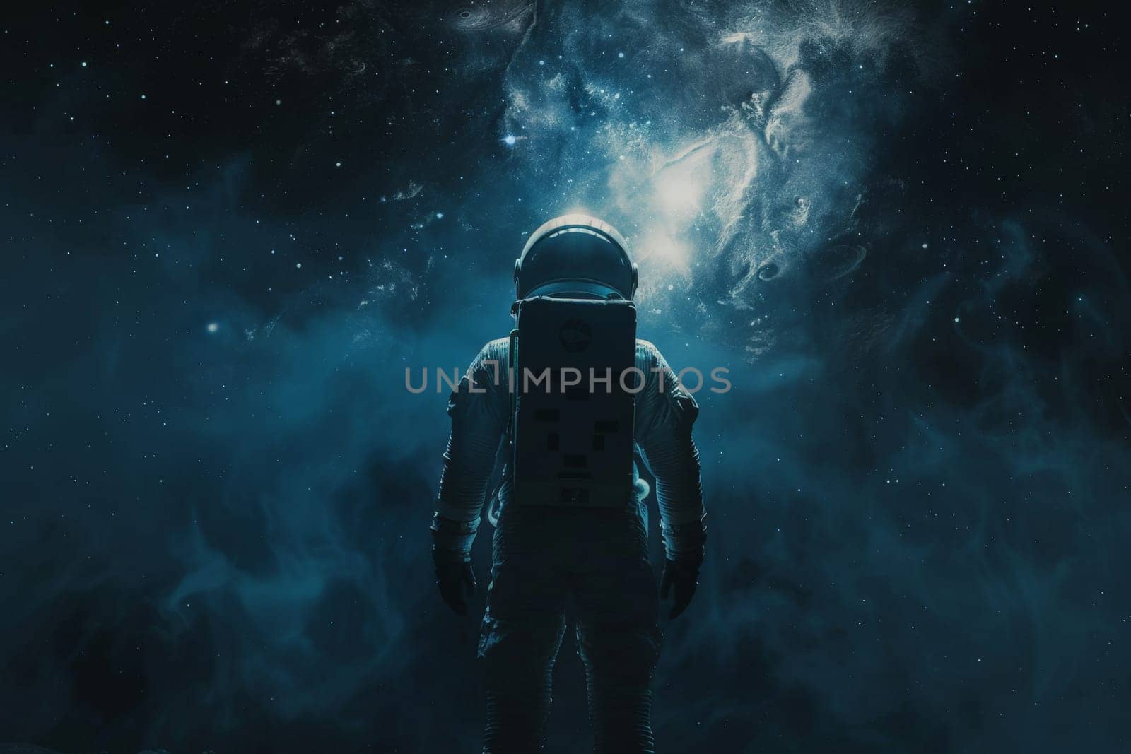 A man in a spacesuit stands in front of a blue sky with stars by nateemee