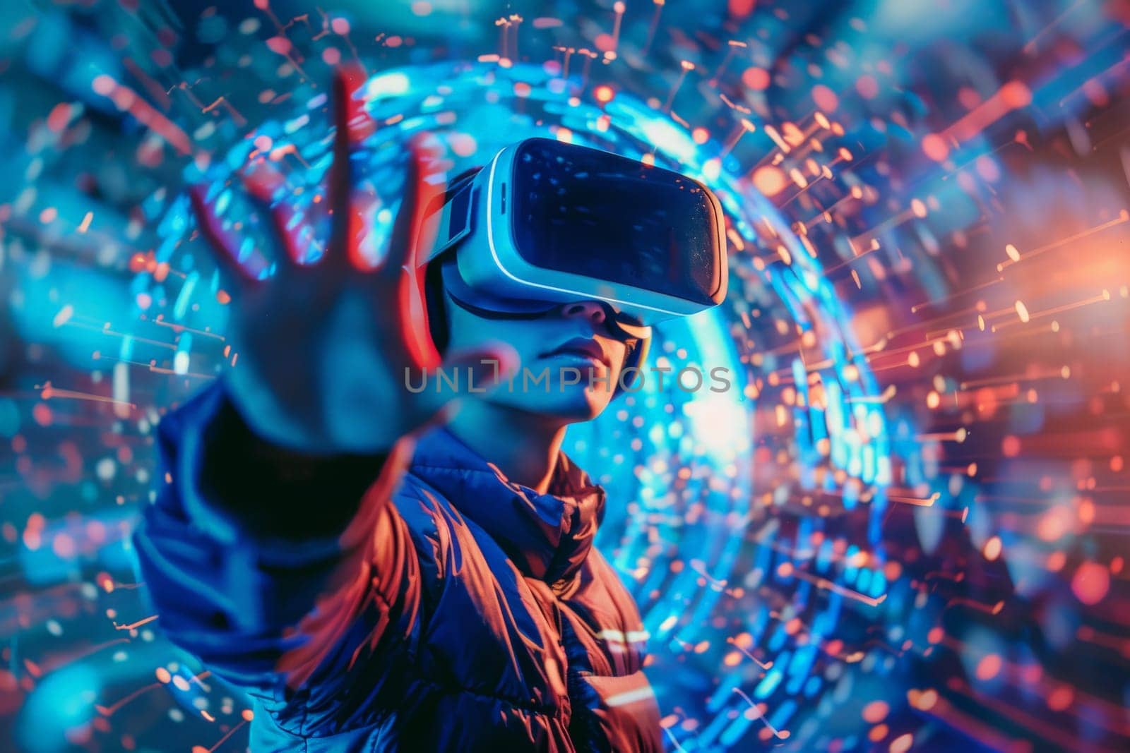 A person wearing a virtual reality headset is reaching out to touch a colorful, swirling background. Concept of excitement and wonder as the person explores the virtual world