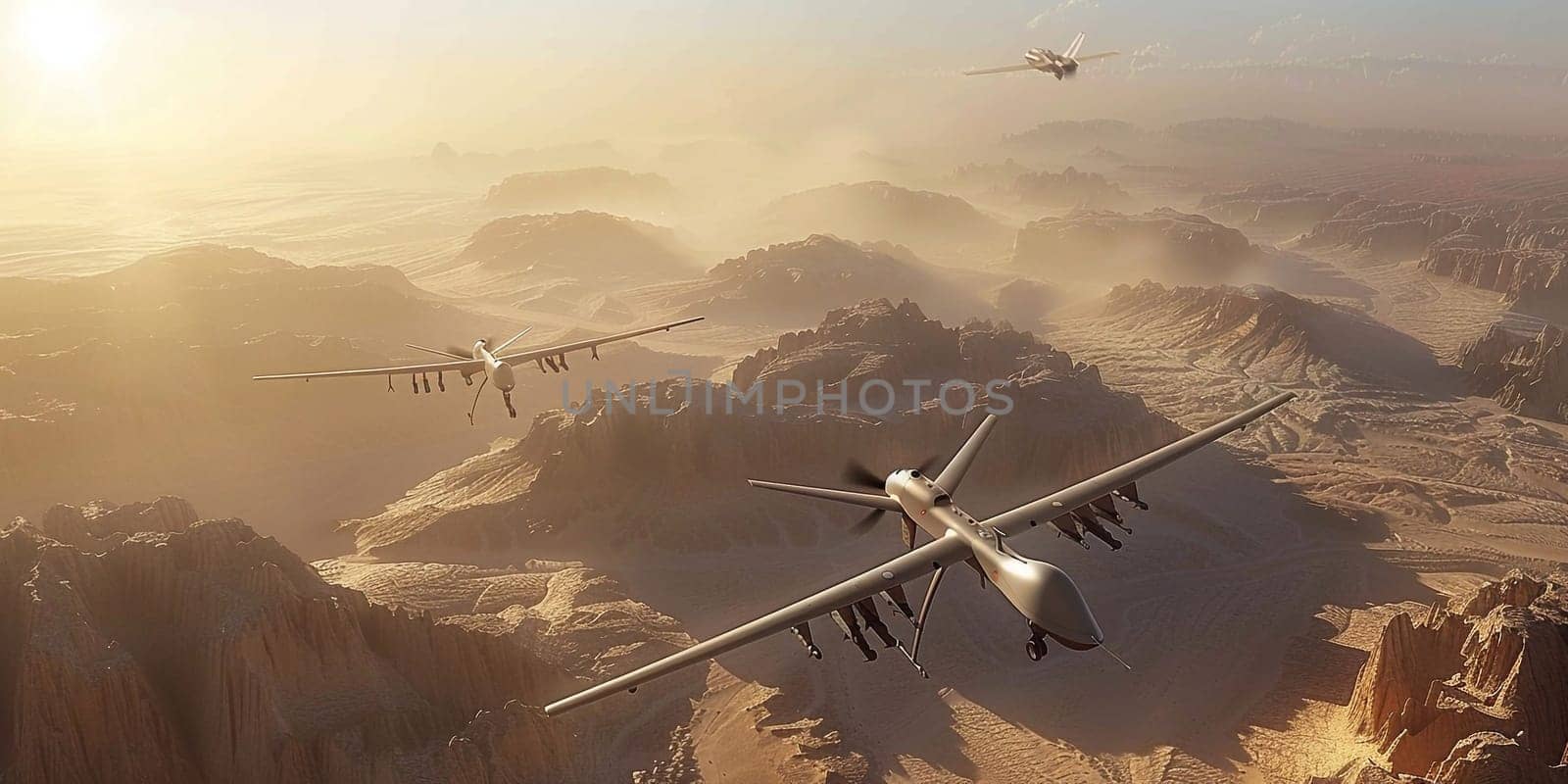 Unmanned military drone patrols the territory at sunset, view is straight ahead. High quality photo