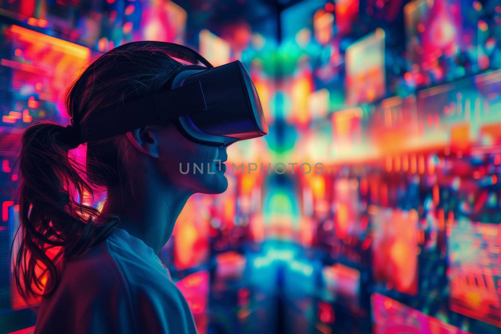A woman wearing a virtual reality headset is looking at a colorful display. The scene is set in a room with multiple screens, creating a futuristic and immersive atmosphere