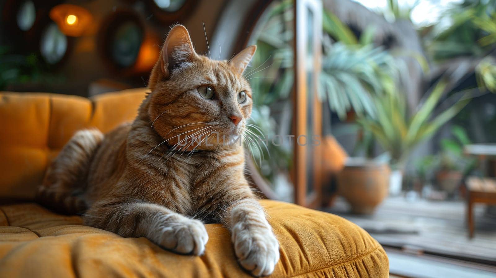 Cat inside a round modern family room. Generative AI.