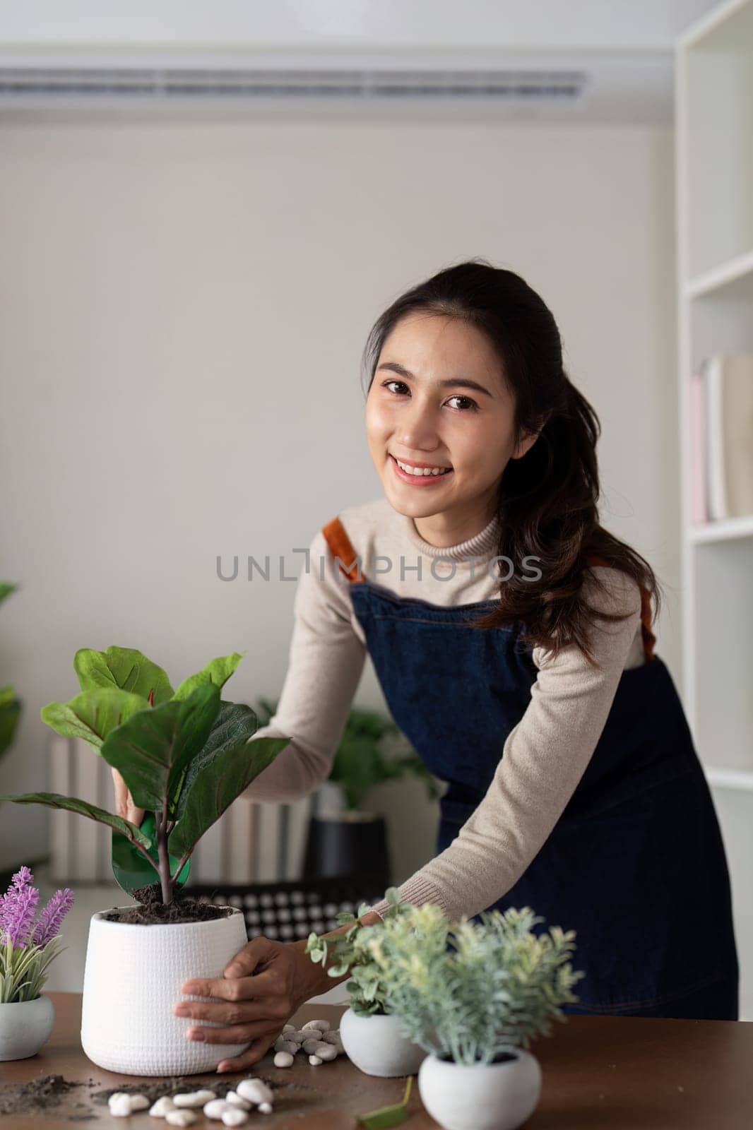 The concept of eco friendly housing, plant care and gardening. Preparing garden. Relax home gardening. Gardener woman asian hand planting flower in pot. Smiling woman takes care of plant by nateemee