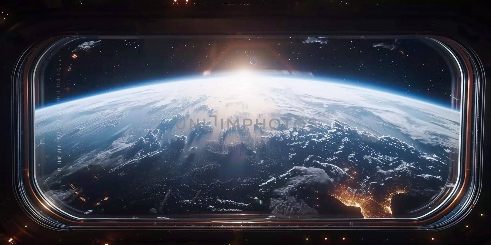 Dark blue spaceship futuristic interior with window view on planet Earth 3d rendering elements of this image furnished by NASA.