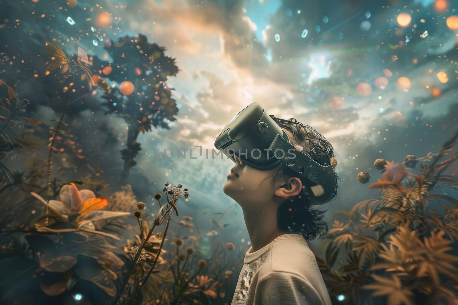 A young girl wearing a virtual reality headset is looking up at the sky. The scene is set in a lush, green field with a tree in the background