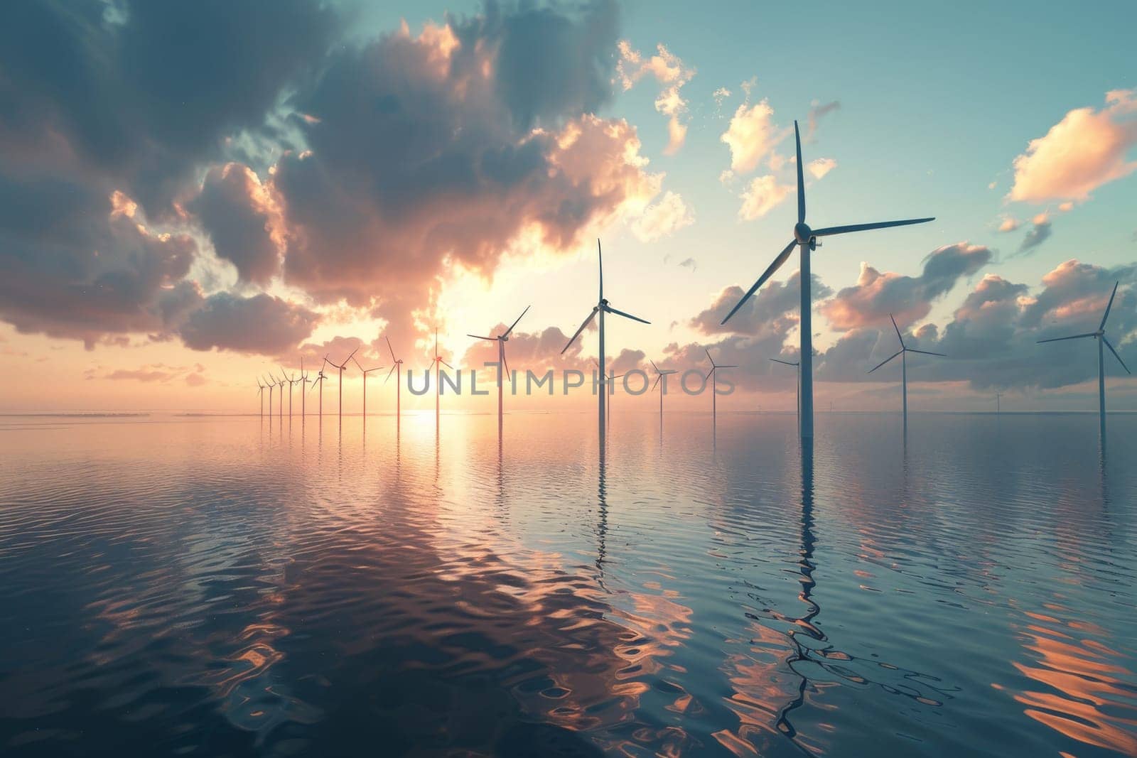 A large group of wind turbines are in the water, with the sun setting in the background. The scene is serene and peaceful, with the turbines standing tall and proud in the water