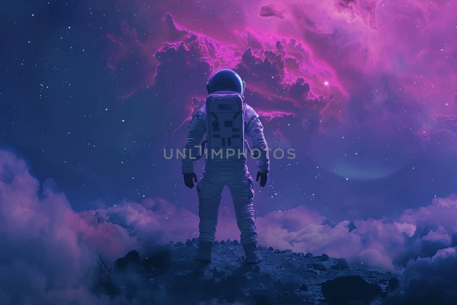 A man in a white spacesuit stands on a rocky surface in front of a purple sky by nateemee