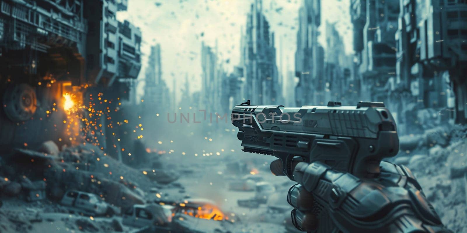 Post-apocalyptic world, a soldier wearing unique anti-nuclear armor stands with a conceptual rifle amidst the ruins of a city destroyed by nuclear war. High quality photo