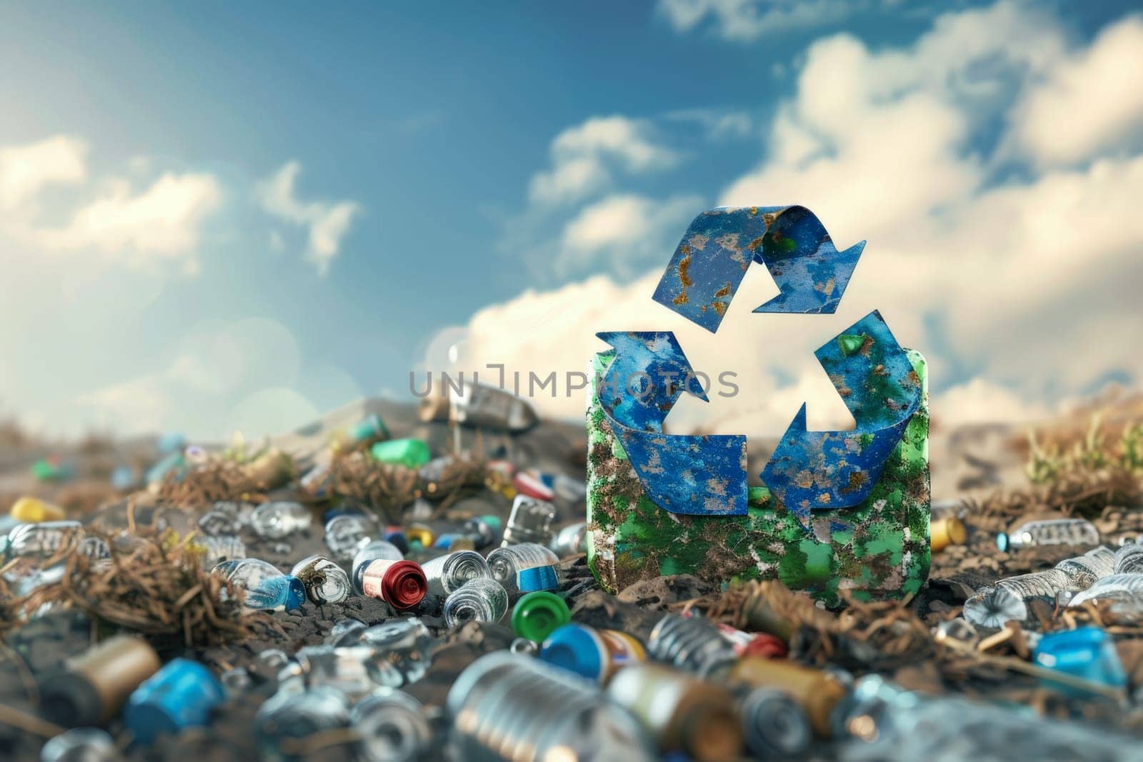 A pile of trash with a recycling symbol on top by nateemee