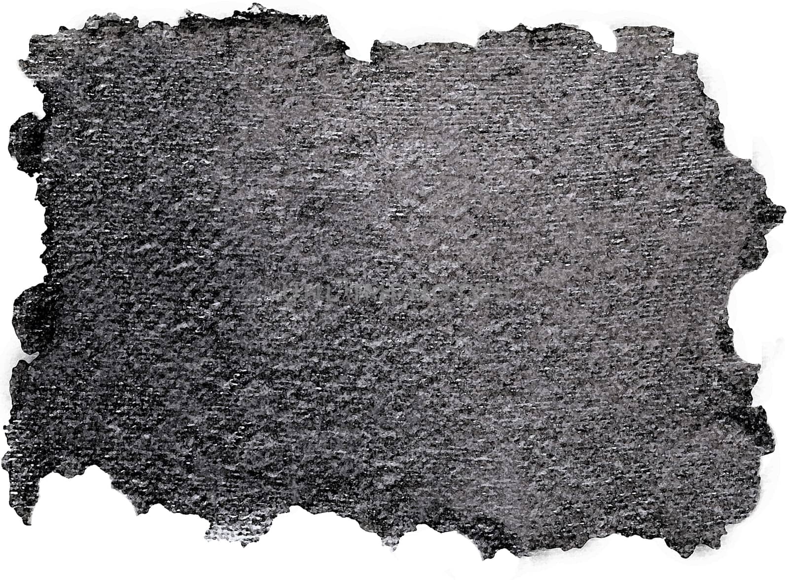 Dense untreated old dark gray cardboard with uneven edges on a white background