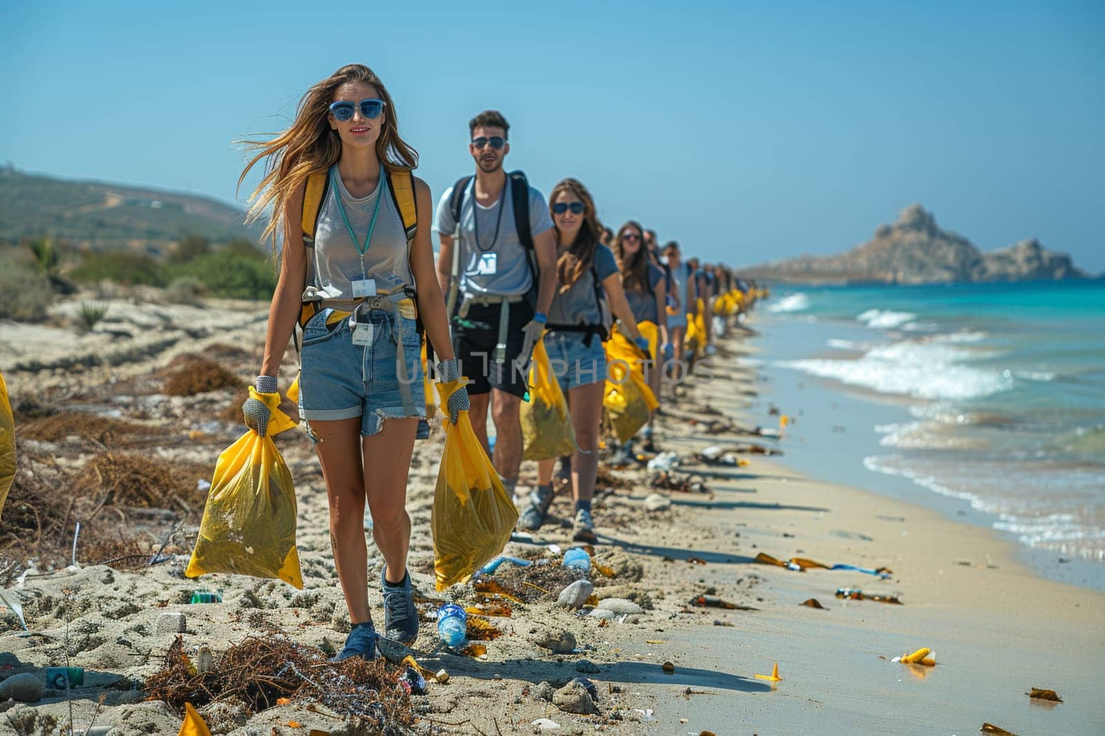 Close up A volunteer collects garbage on beach. Generative AI.