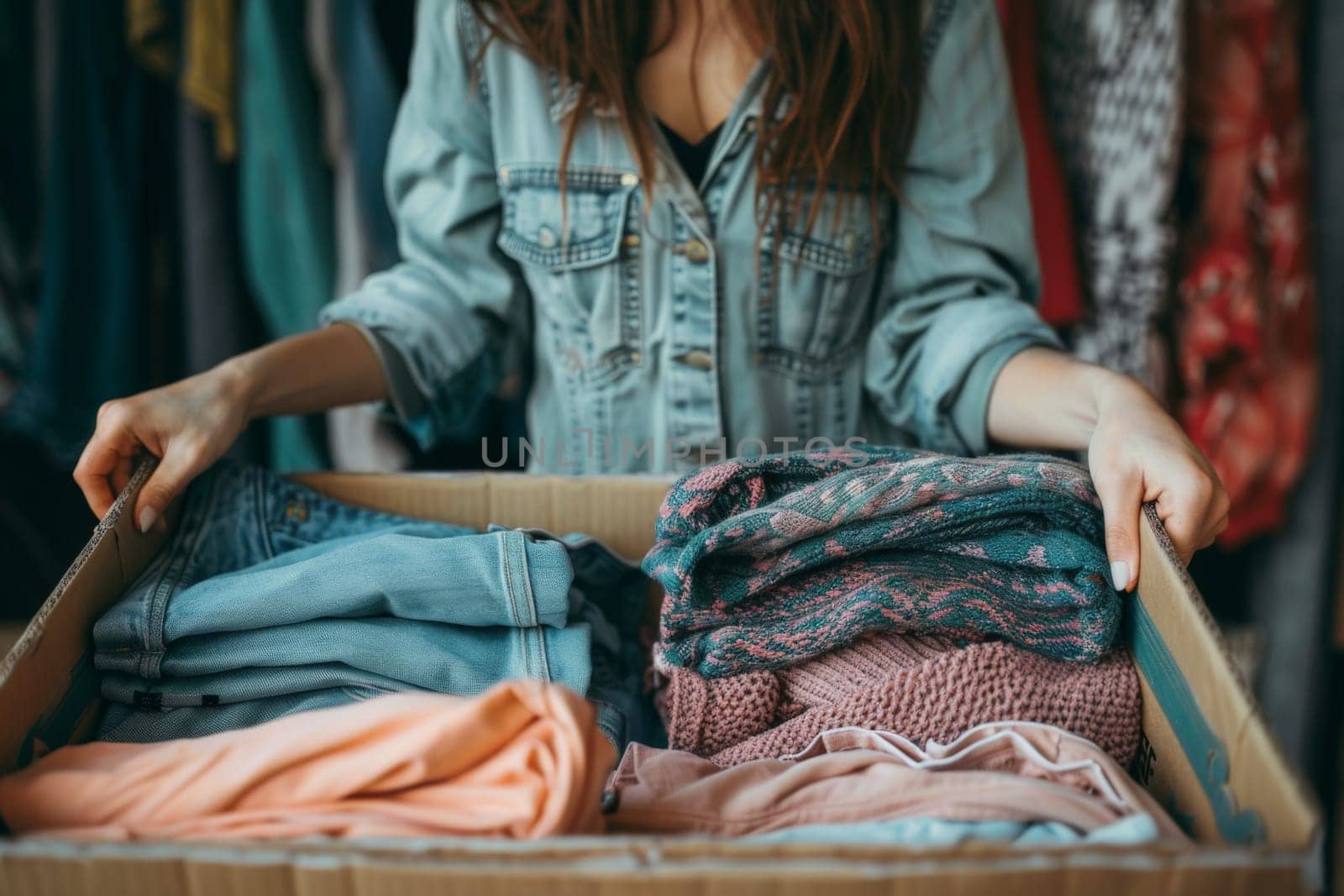 A woman is holding a box of clothes, including a pink sweater and a blue shirt. The box is full of various clothing items, and the woman is organizing them. Concept of tidiness and order