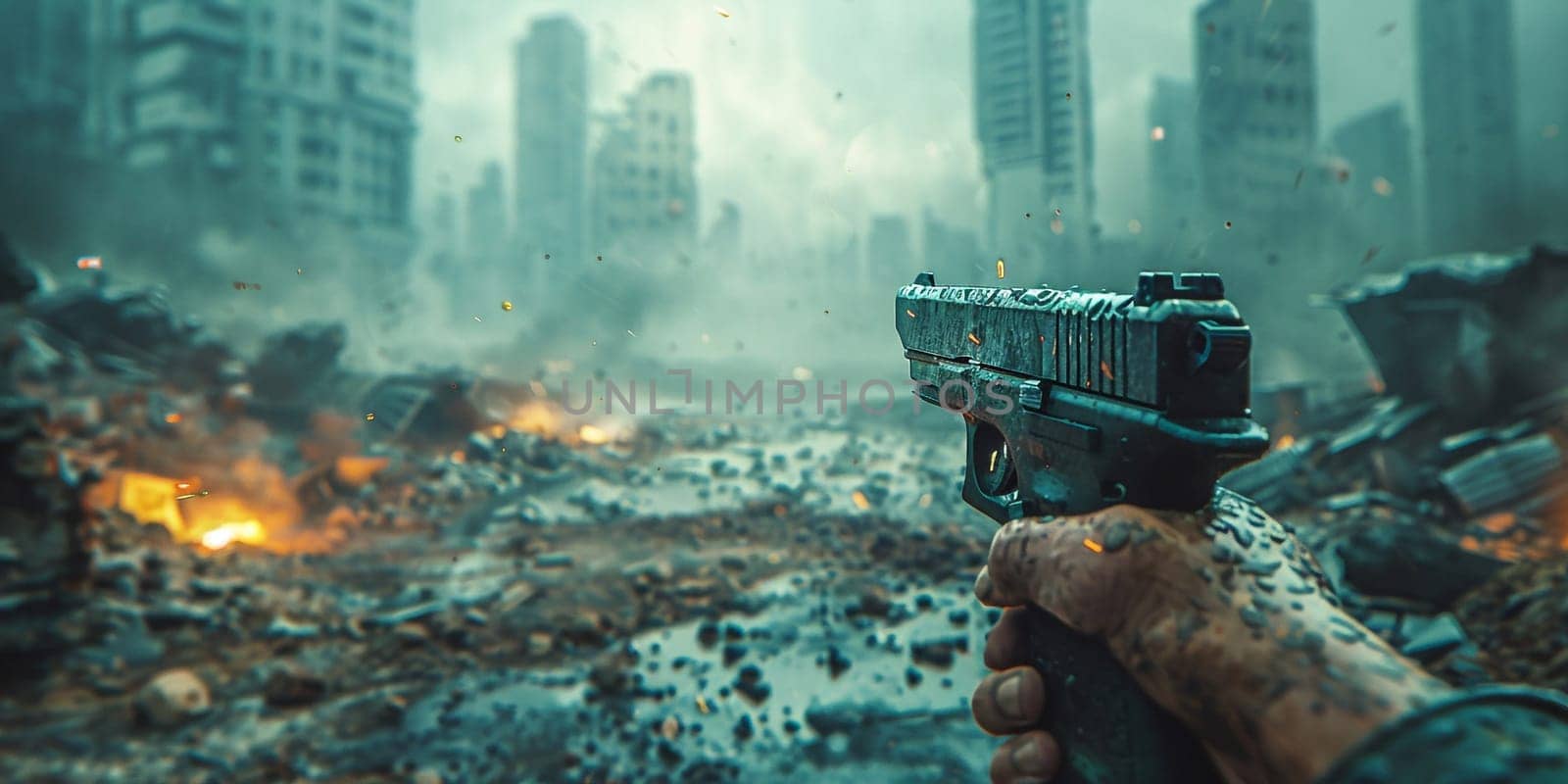 Post-apocalyptic world, a soldier wearing unique anti-nuclear armor stands with a conceptual rifle amidst the ruins of a city destroyed by nuclear war. High quality photo