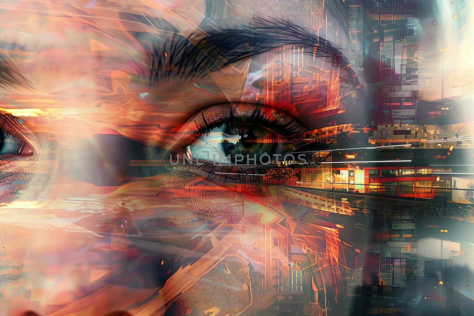 A blurry image of a woman's eye with a cityscape in the background. The eye is surrounded by a blurry, colorful frame, giving the impression of a dream or a surrealistic painting