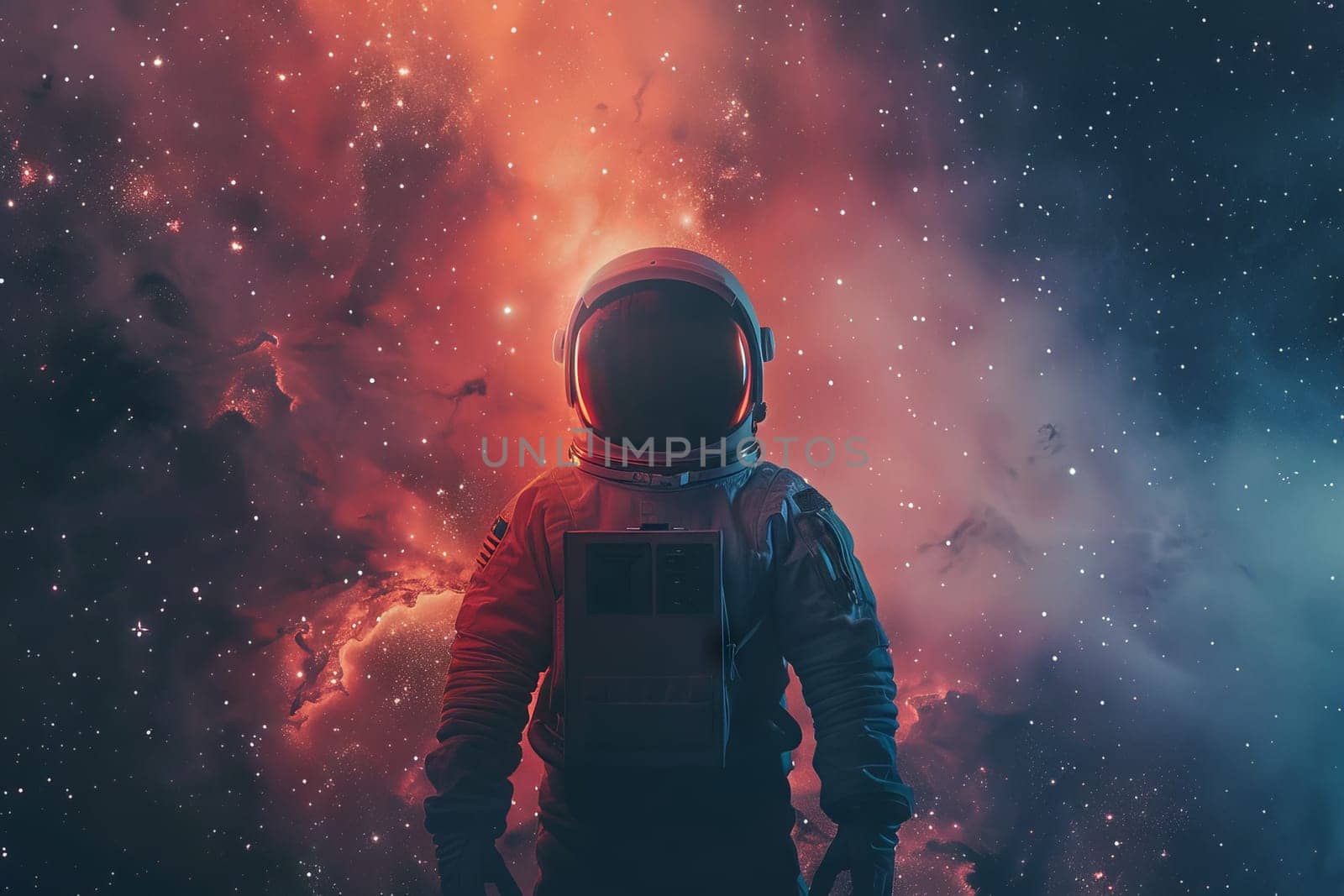 A man in a space suit stands in front of a colorful background of stars and clouds. Concept of adventure and exploration, as the astronaut is ready to embark on a journey into the unknown