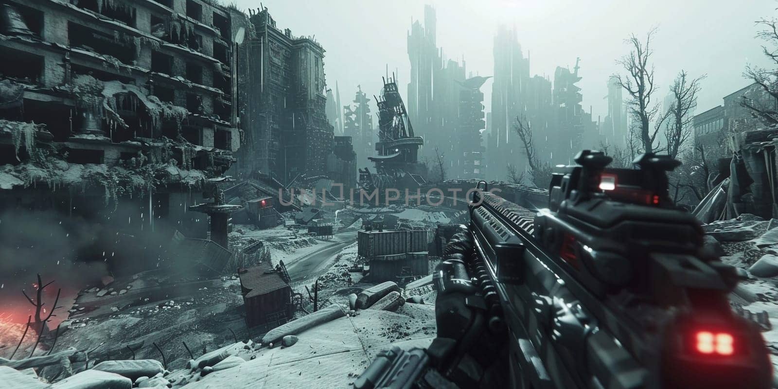 Post-apocalyptic world, a soldier wearing unique anti-nuclear armor stands with a conceptual rifle amidst the ruins of a city destroyed by nuclear war. High quality photo