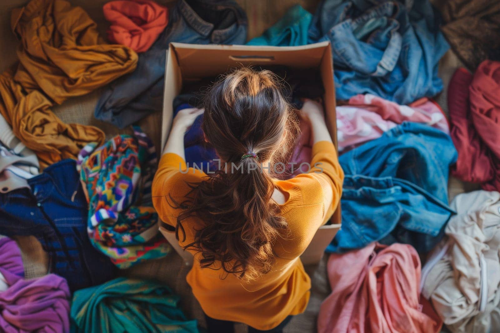 A woman is standing in front of a box full of clothes. She is wearing a yellow shirt and has her hair in a ponytail. The clothes in the box are all different colors and styles