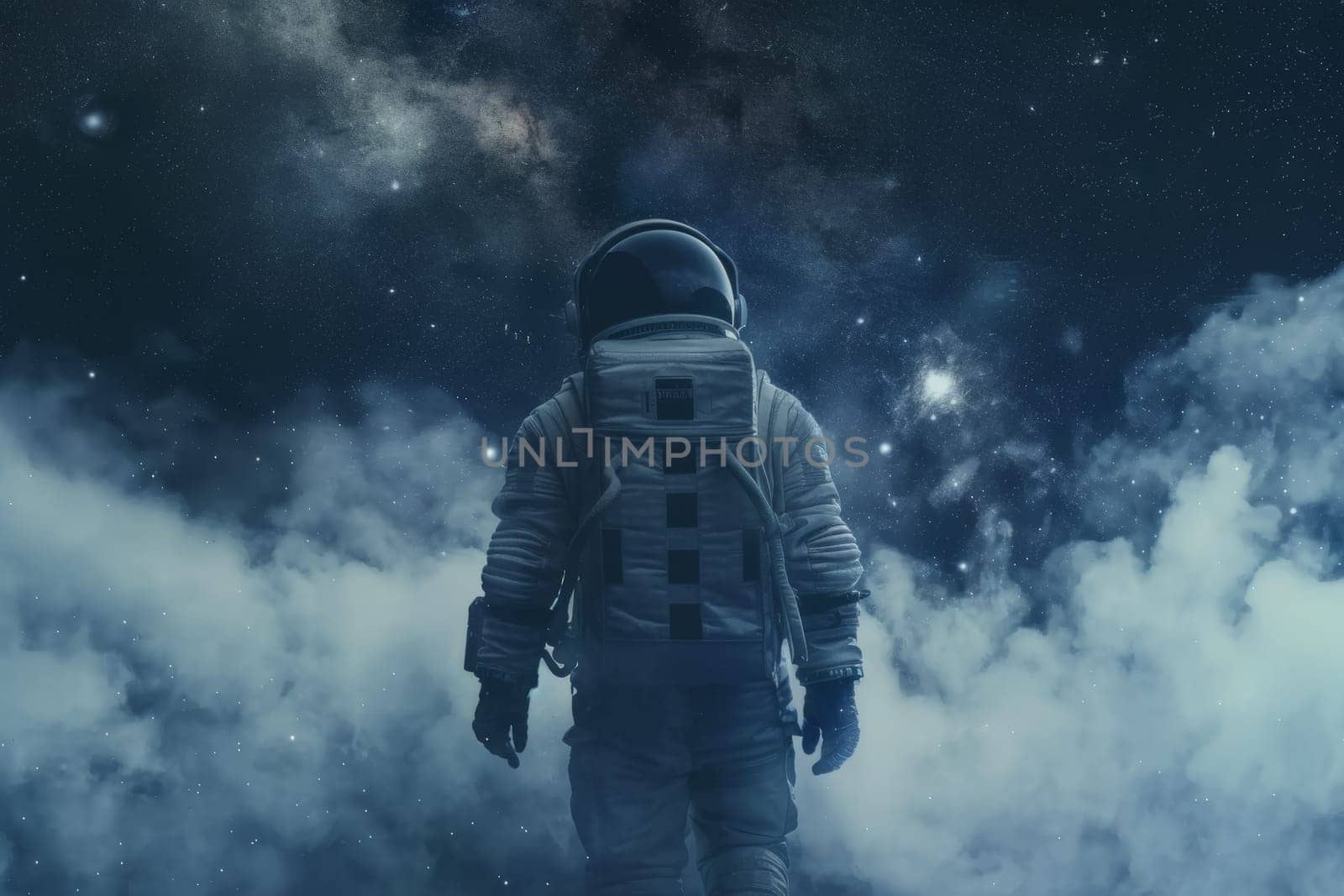 A man in a spacesuit stands in front of a cloud of smoke. The image has a dreamy, otherworldly feel to it, as if the man is exploring a new planet or galaxy. The smoke adds to the sense of mystery