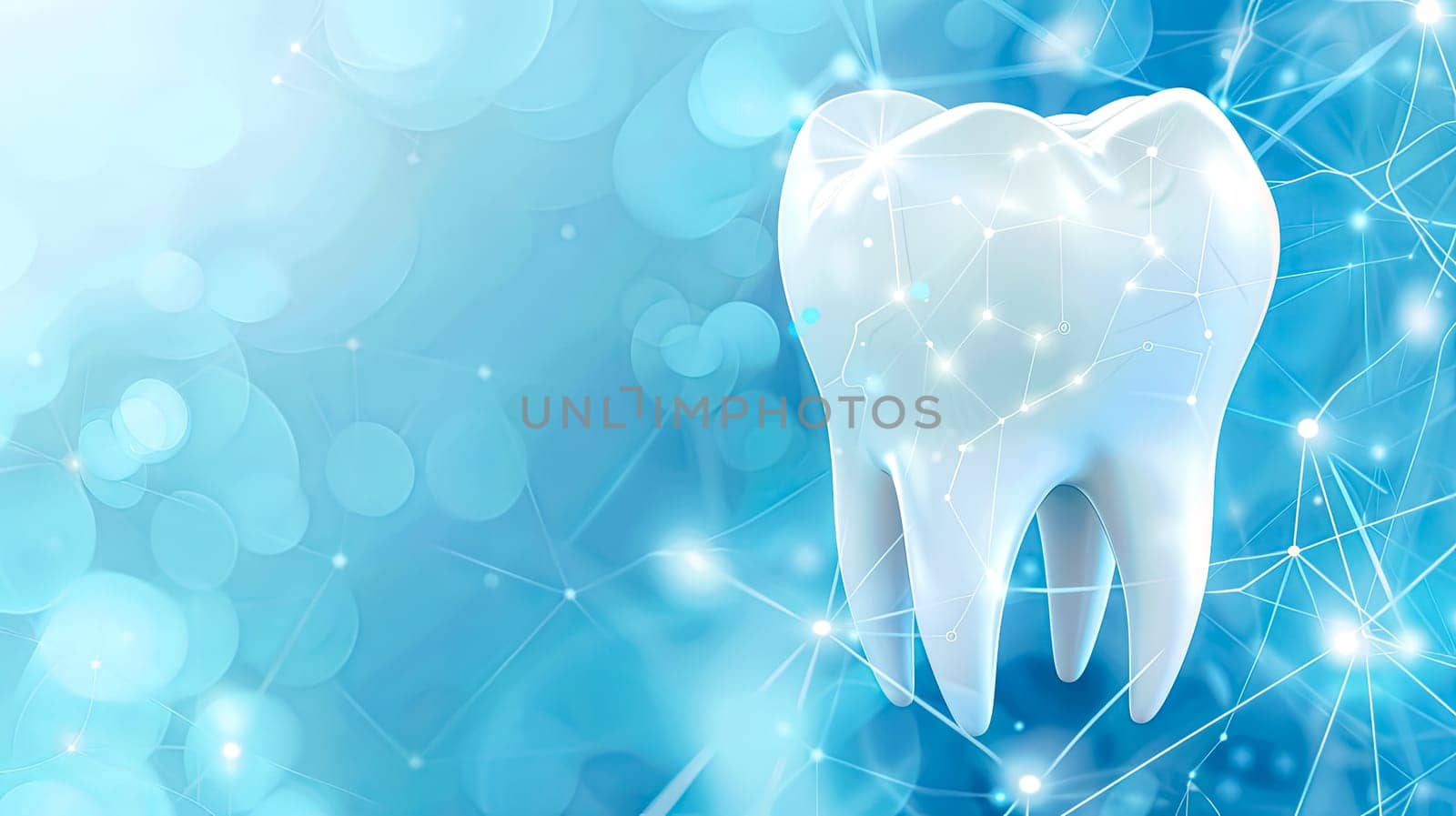 Futuristic dental health graphic with a glowing tooth and network connections