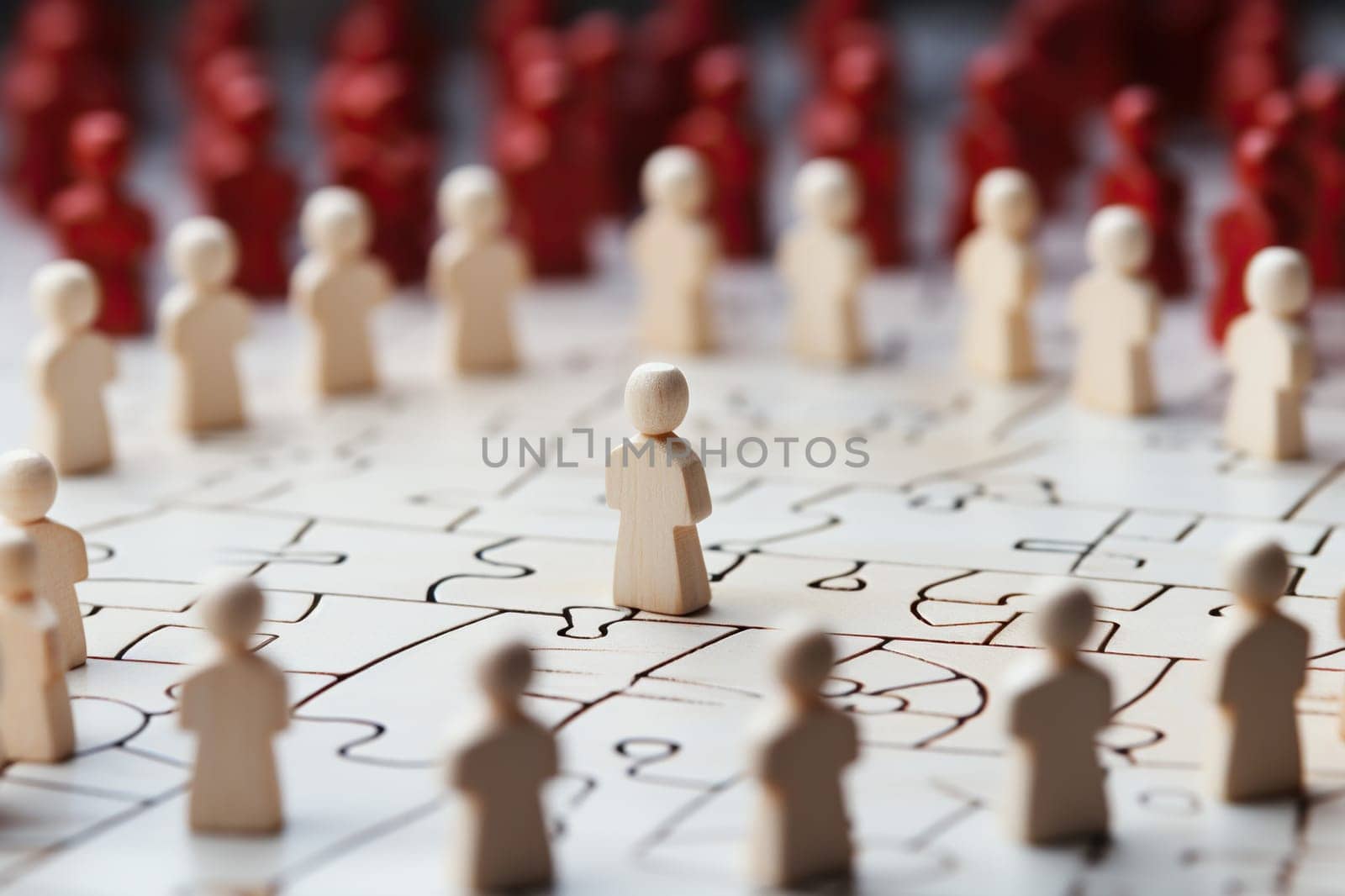 Wooden figurine of a man surrounded by others. Concept of community, communication, unity.