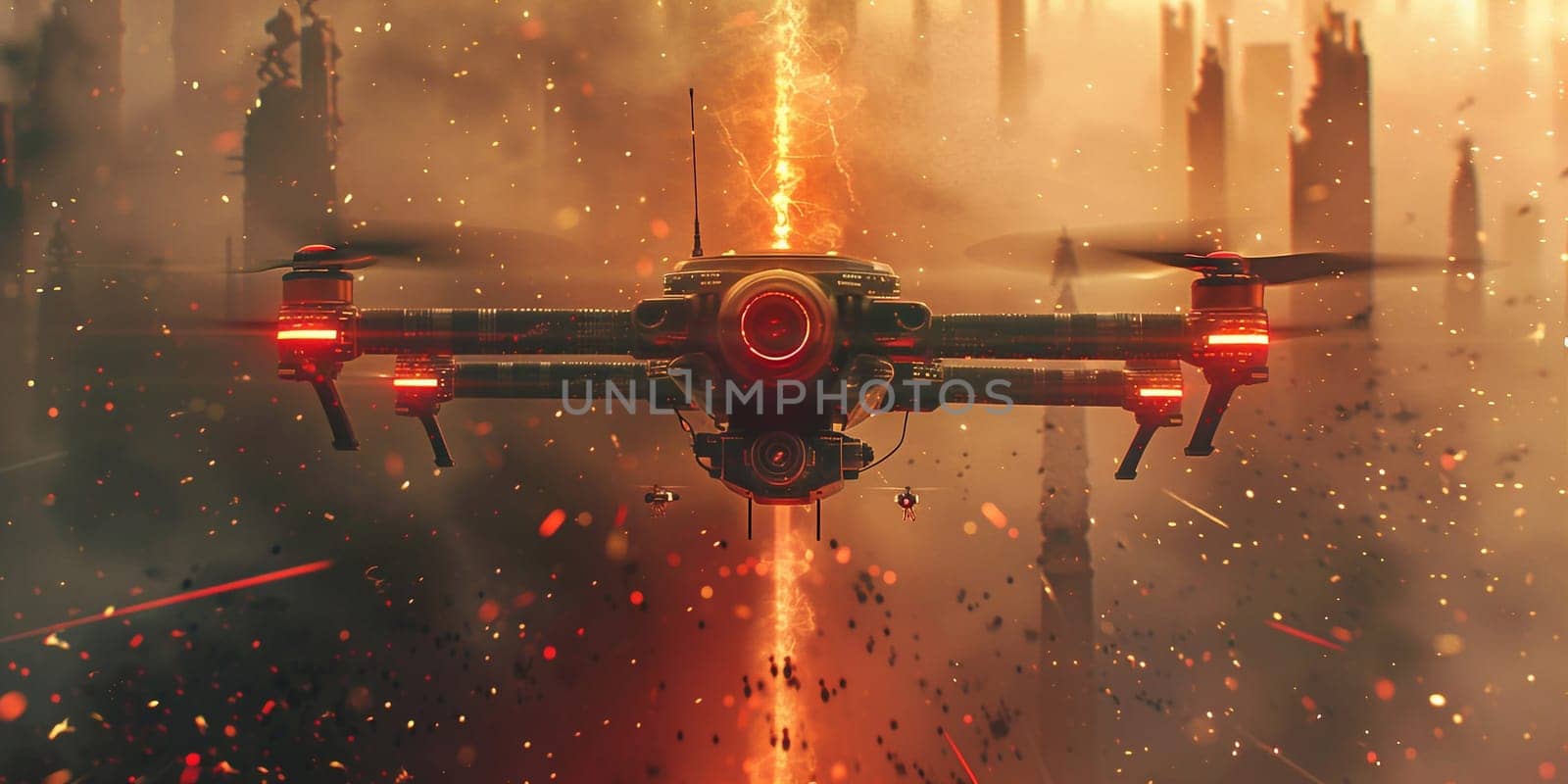 3D Jet plane emitting hot flames and embers over a city. High quality photo