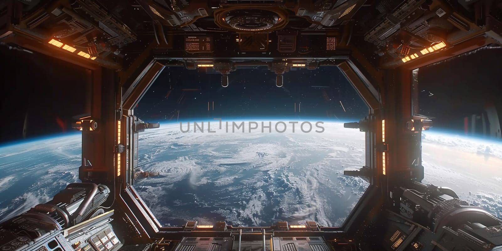 Dark blue spaceship futuristic interior with window view on planet Earth 3d rendering elements of this image furnished by NASA.