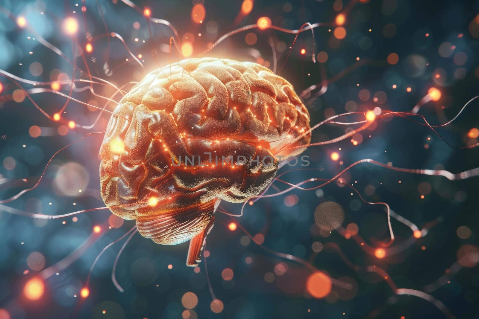 A brain with glowing red and orange strands coming out of it. The brain is surrounded by a blue background