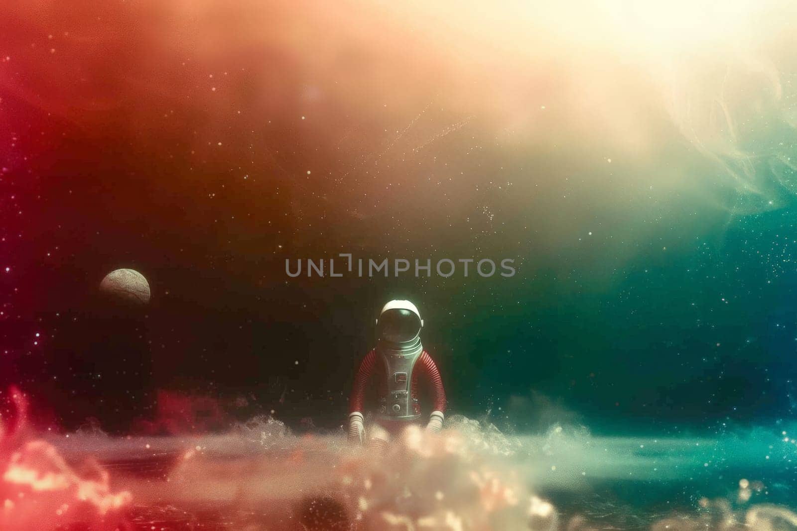 A man in a red spacesuit is standing in a pool of water. The water is red, blue, and green, and the sky is filled with stars. The image has a dreamy, otherworldly feel to it